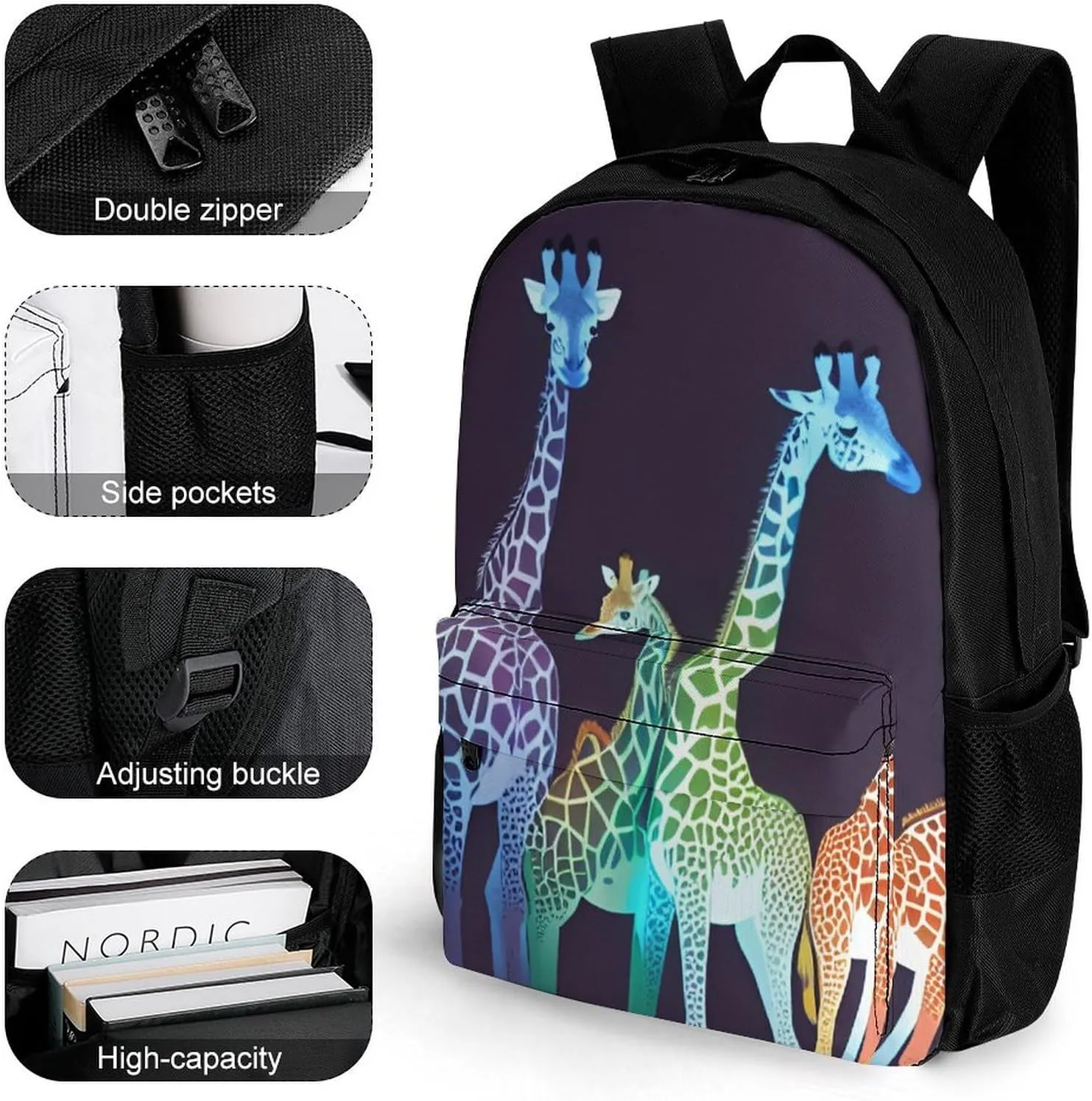 Daypack Backpack Anti-Theft Multipurpose Big Capacity Bookbag - Colorful Giraffe Art Business Computer Bag With Side Pockets