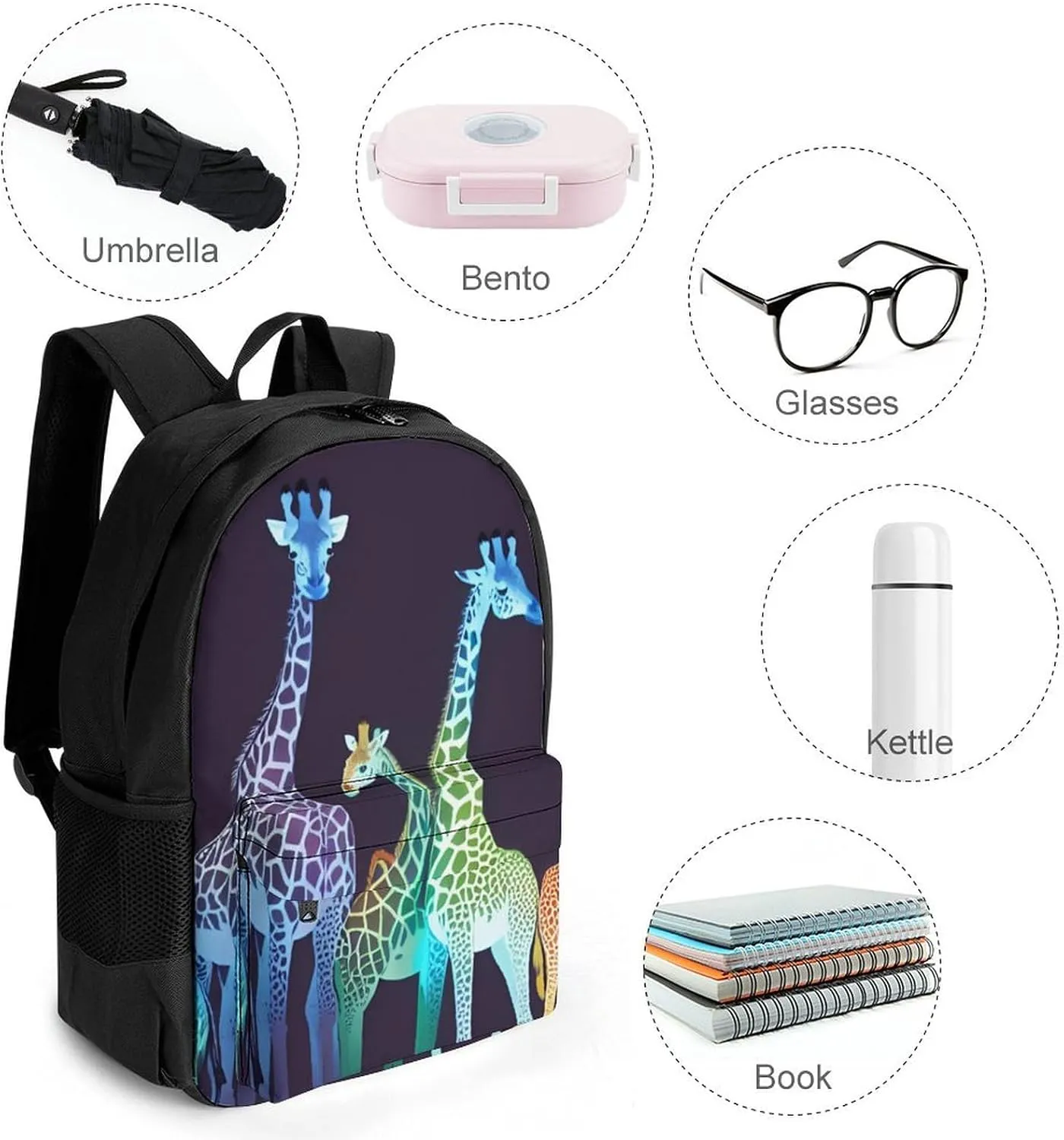 Daypack Backpack Anti-Theft Multipurpose Big Capacity Bookbag - Colorful Giraffe Art Business Computer Bag With Side Pockets