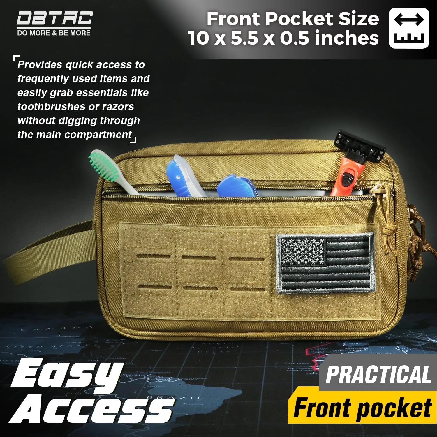 DBTAC Tactical Toiletry Bag for Men | Dry Wet Separate Hygiene Bag Compact Dopp Kit Mens Shaving Kit Travel shower Bag (Tan)