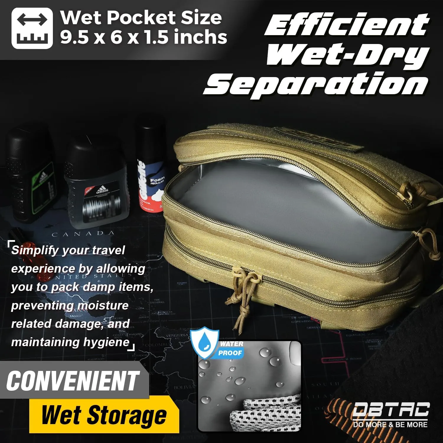 DBTAC Tactical Toiletry Bag for Men | Dry Wet Separate Hygiene Bag Compact Dopp Kit Mens Shaving Kit Travel shower Bag (Tan)