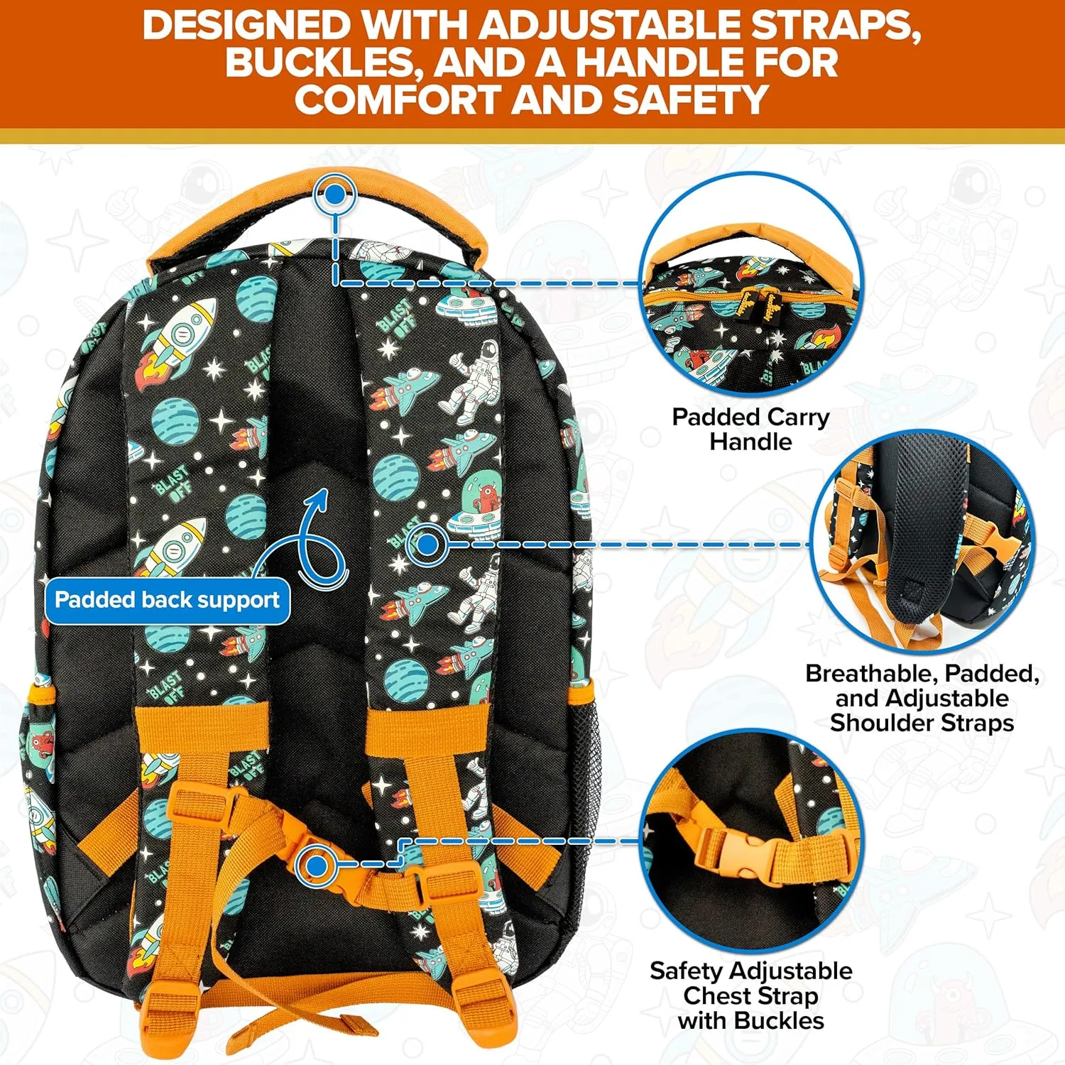Decorably 16.5in Holographic Space Kids Backpack with Rocket Patch Design, Multi-Compartment School Bag for Boys with Padded Straps and Back, 3 Main Compartments