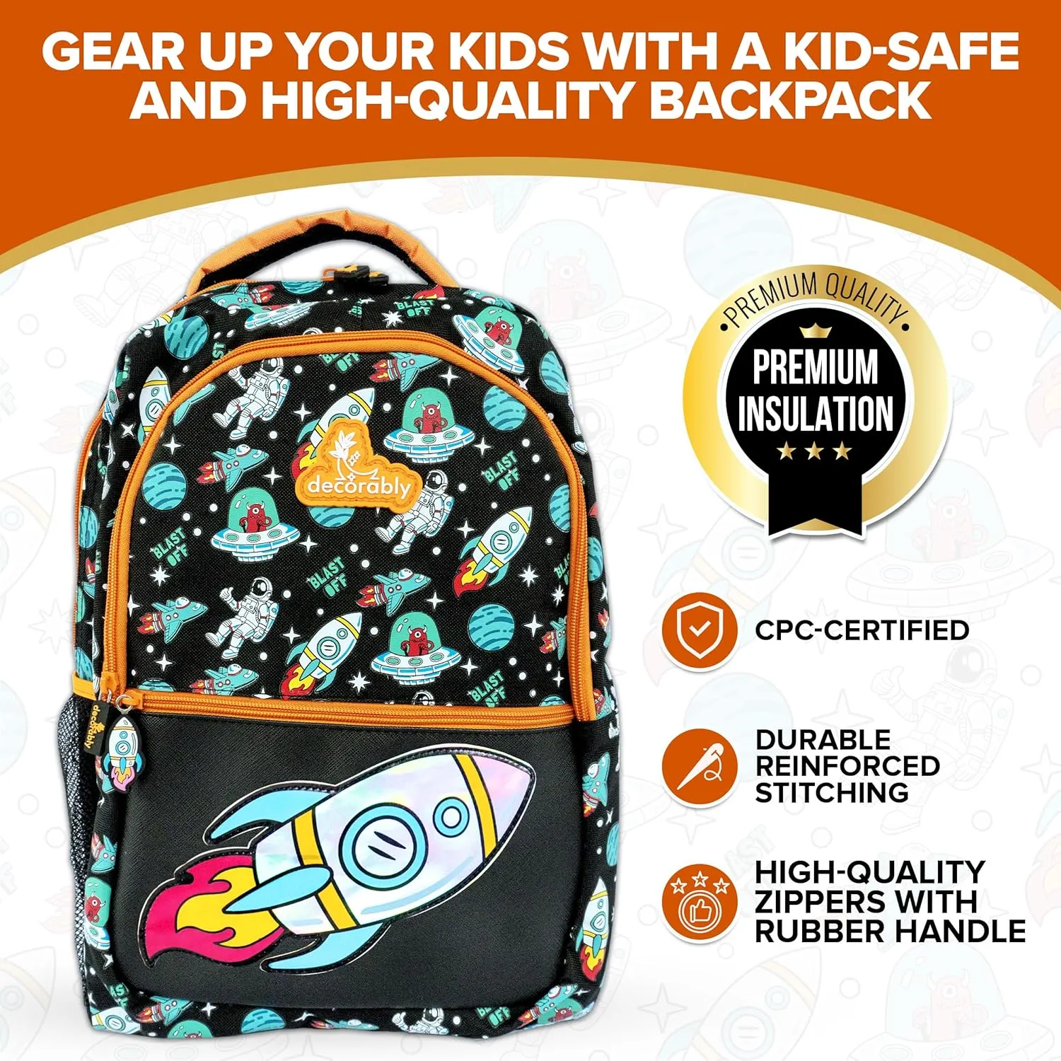 Decorably 16.5in Holographic Space Kids Backpack with Rocket Patch Design, Multi-Compartment School Bag for Boys with Padded Straps and Back, 3 Main Compartments