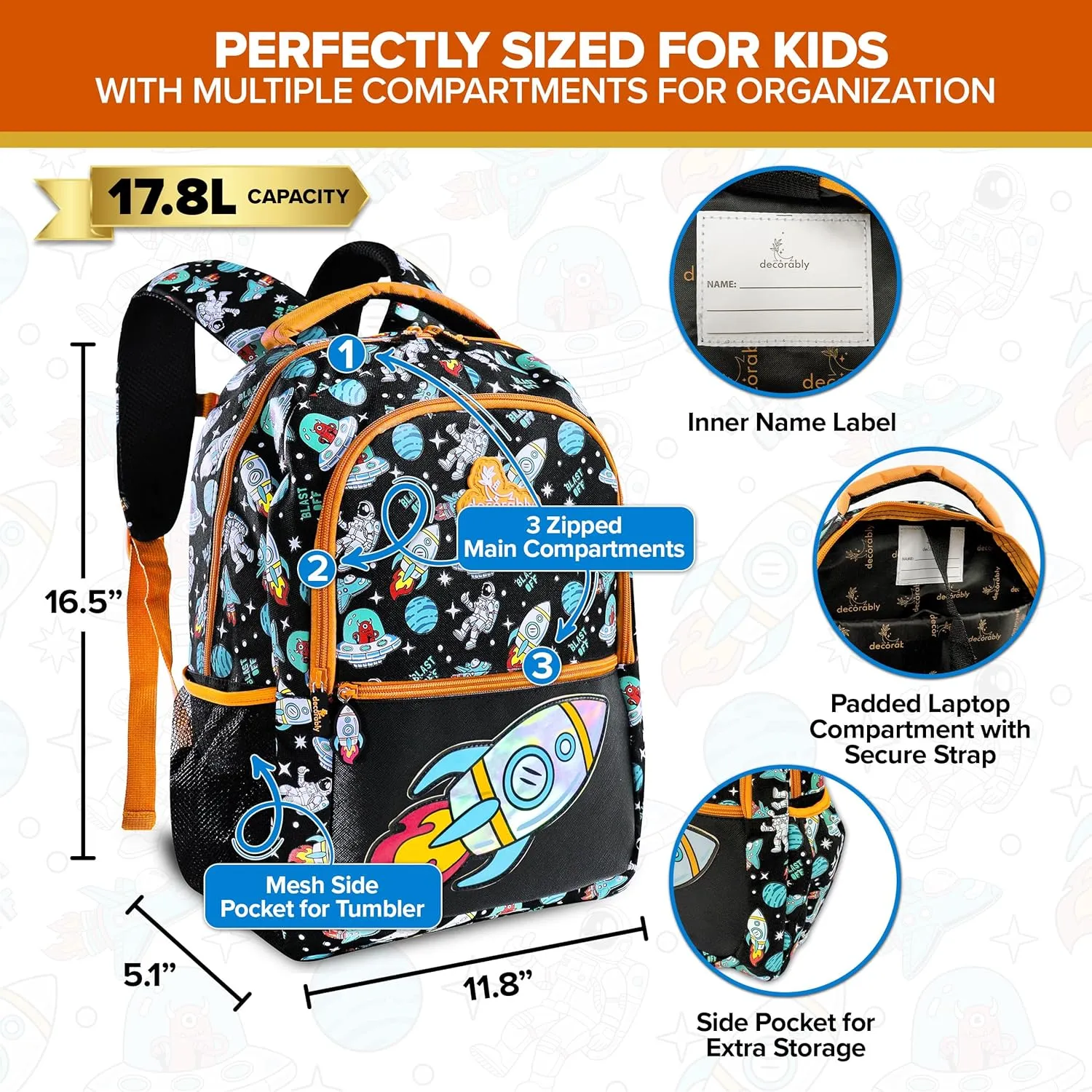 Decorably 16.5in Holographic Space Kids Backpack with Rocket Patch Design, Multi-Compartment School Bag for Boys with Padded Straps and Back, 3 Main Compartments