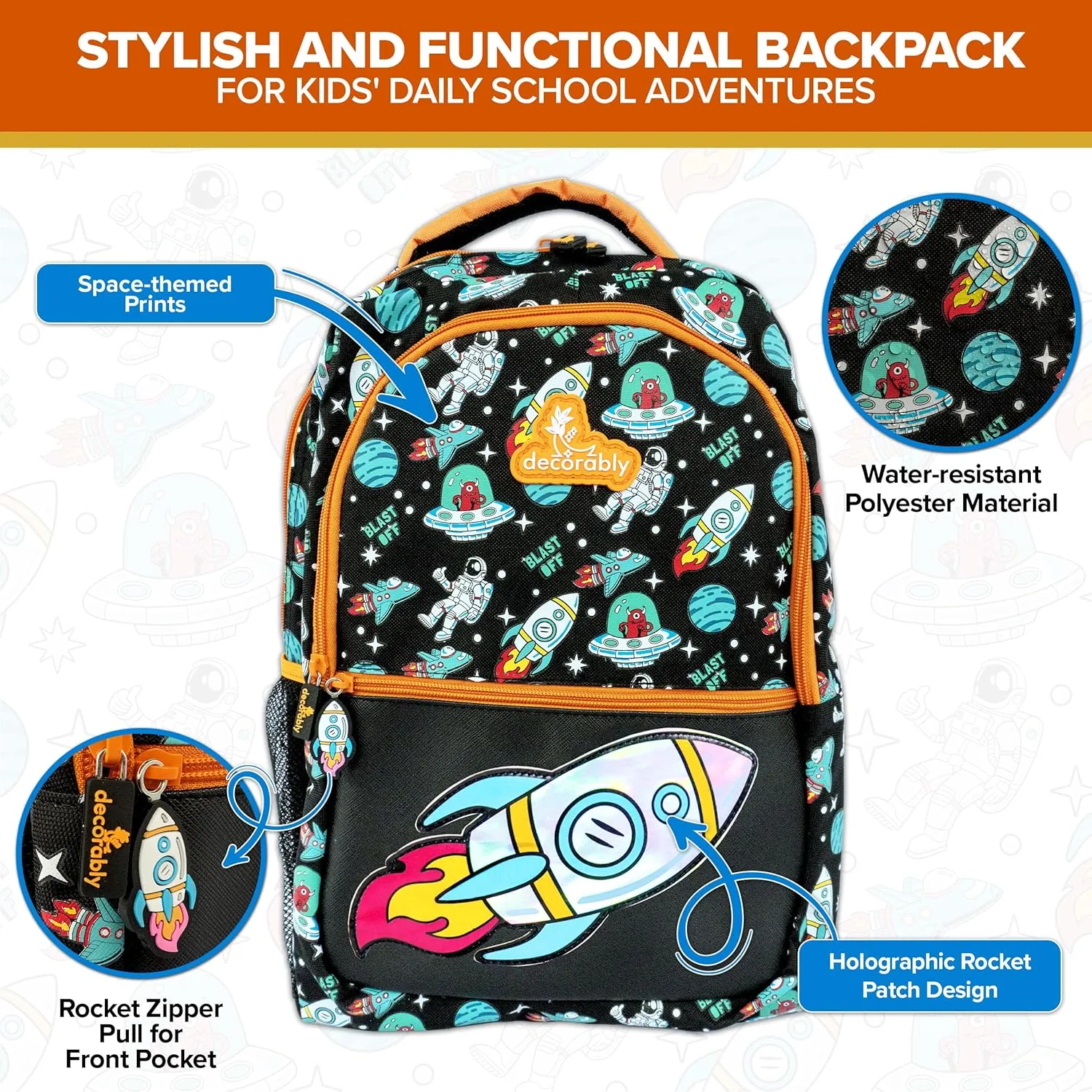 Decorably 16.5in Holographic Space Kids Backpack with Rocket Patch Design, Multi-Compartment School Bag for Boys with Padded Straps and Back, 3 Main Compartments