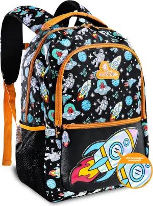 Decorably 16.5in Holographic Space Kids Backpack with Rocket Patch Design, Multi-Compartment School Bag for Boys with Padded Straps and Back, 3 Main Compartments