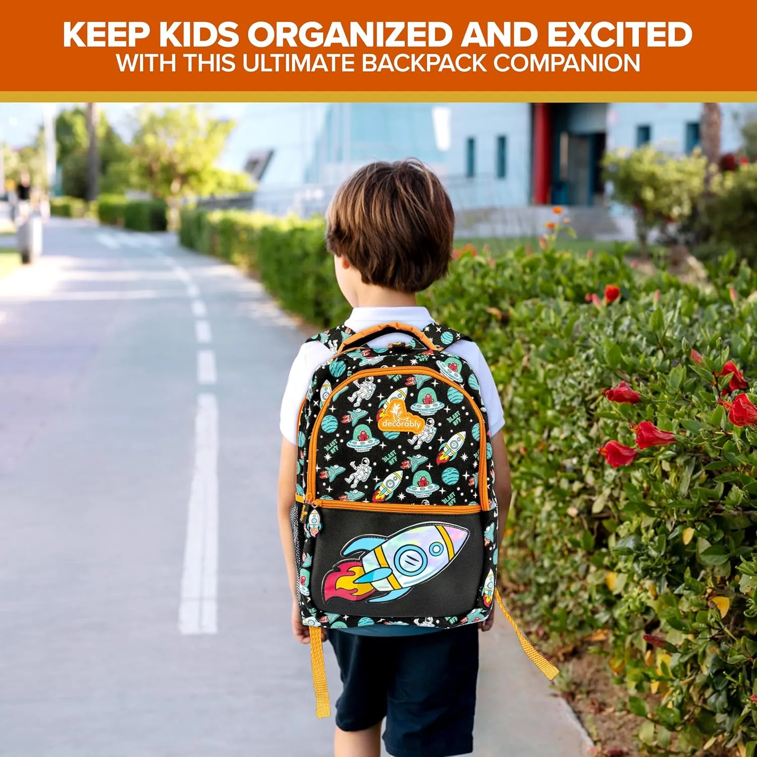 Decorably 16.5in Holographic Space Kids Backpack with Rocket Patch Design, Multi-Compartment School Bag for Boys with Padded Straps and Back, 3 Main Compartments