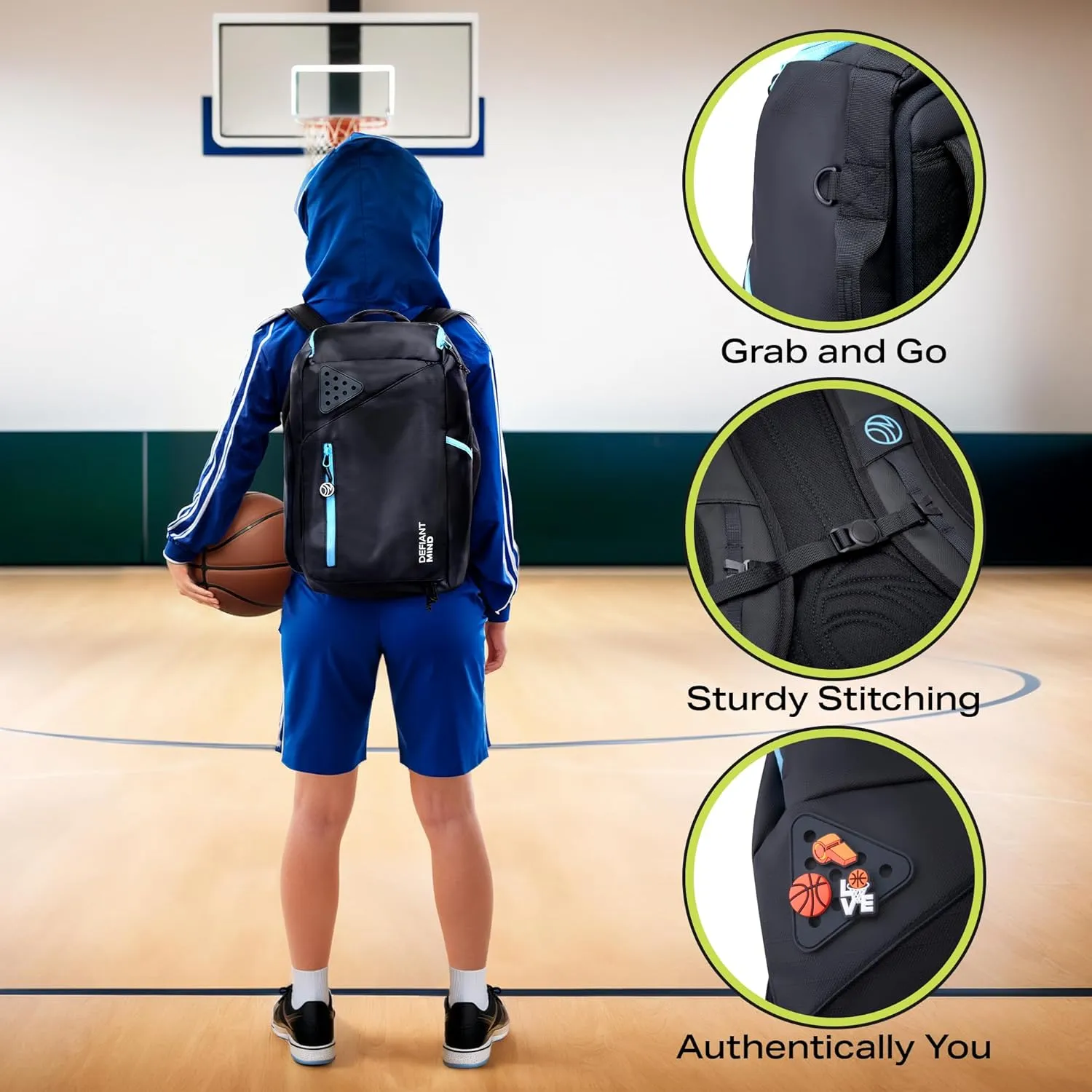 DefiantMind Large Premium Basketball Bag, Backpack, For Elite Youth, Boys, Girls, For Shoes or Cleats, Water Bottles, School, also great for Volleyball, Soccer