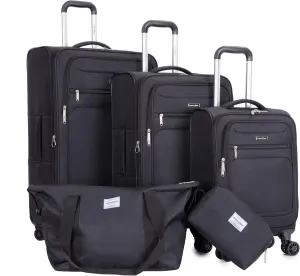 DEINPPA 5-Piece Set (18/23/27/Travelbag/toiletry bag),Softshell Suitcase Spinner Wheels Terylene Polyester Luggage Sets Carry On Suitcase Luggage Lightweight Durable Suitcase BLACK