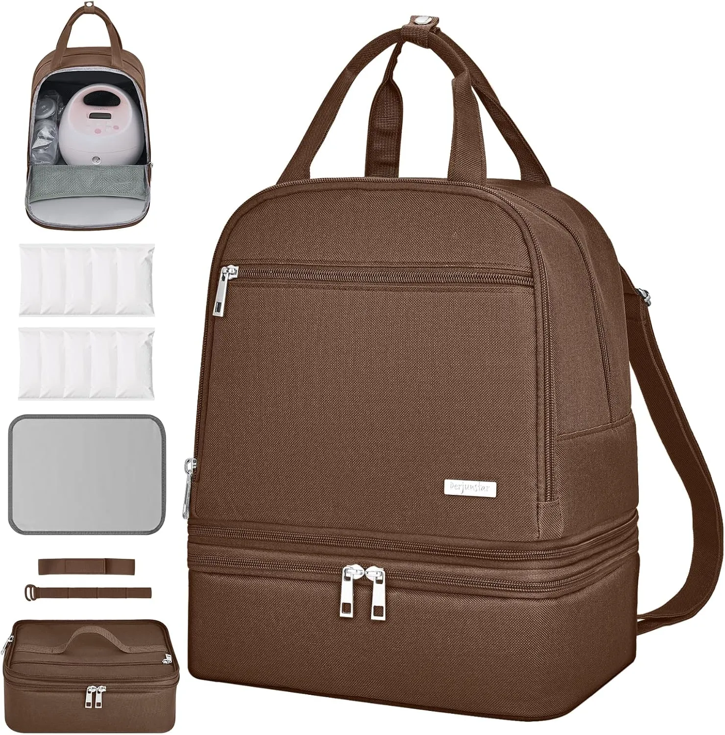 DERJUNSTAR Breast Pump Backpack for Working Moms – Spectra Compatible Pump Bag, Waterproof & Spacious with Pockets for Breast Pump, Bottles, and Nursing Essentials – Ideal for Spectra S1/S2, Brown