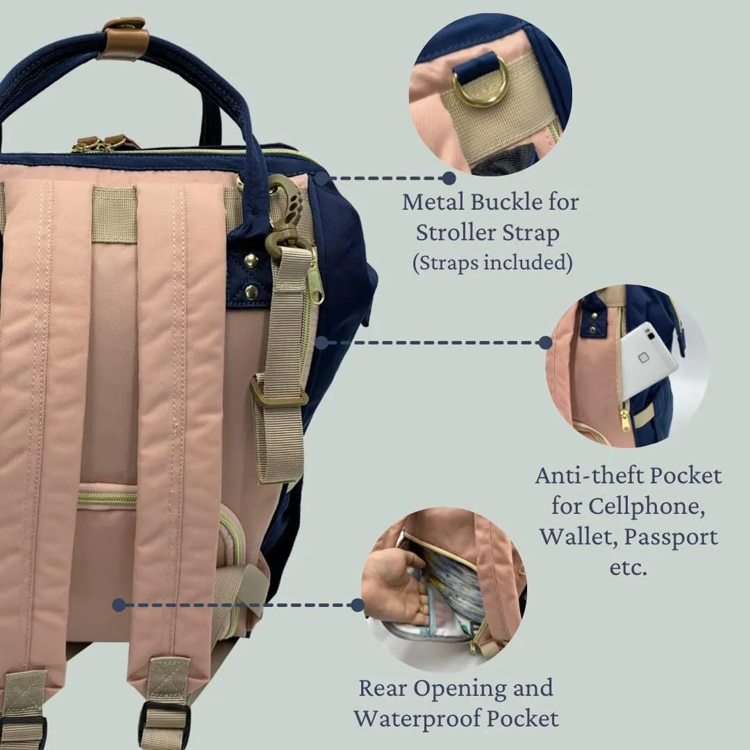 Diaper Bag Backpack, Large Capacity, Shower gift, Water Resistant, Tote, Travel Bag & FREE Accessories (Navy-Pink)