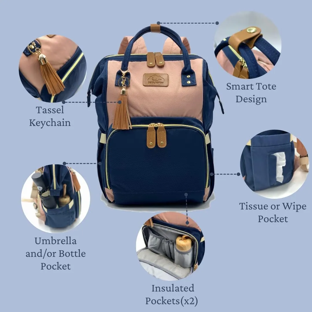 Diaper Bag Backpack, Large Capacity, Shower gift, Water Resistant, Tote, Travel Bag & FREE Accessories (Navy-Pink)