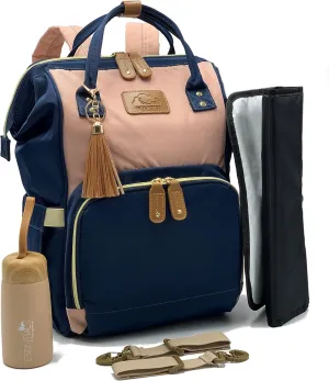 Diaper Bag Backpack, Large Capacity, Shower gift, Water Resistant, Tote, Travel Bag & FREE Accessories (Navy-Pink)