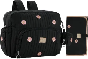 Diaper Bag Backpack, Mini Maternity baby bag with Changing Pad, Insulated Pockets, Stroller Straps & Pacifier Case (Black - Flowers)
