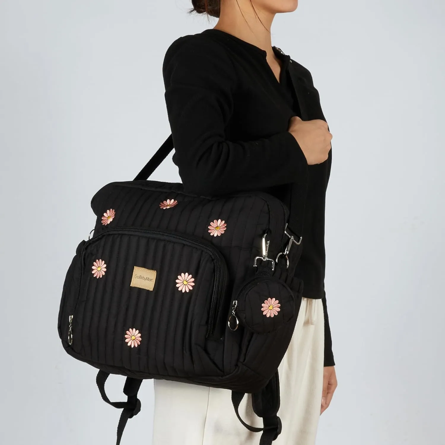 Diaper Bag Backpack, Mini Maternity baby bag with Changing Pad, Insulated Pockets, Stroller Straps & Pacifier Case (Black - Flowers)