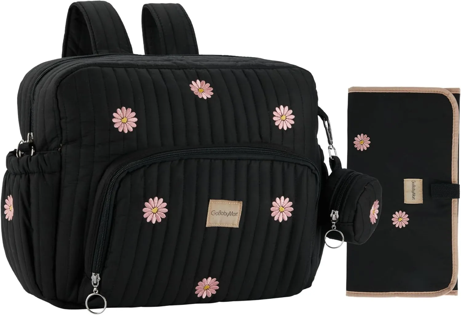 Diaper Bag Backpack, Mini Maternity baby bag with Changing Pad, Insulated Pockets, Stroller Straps & Pacifier Case (Black - Flowers)