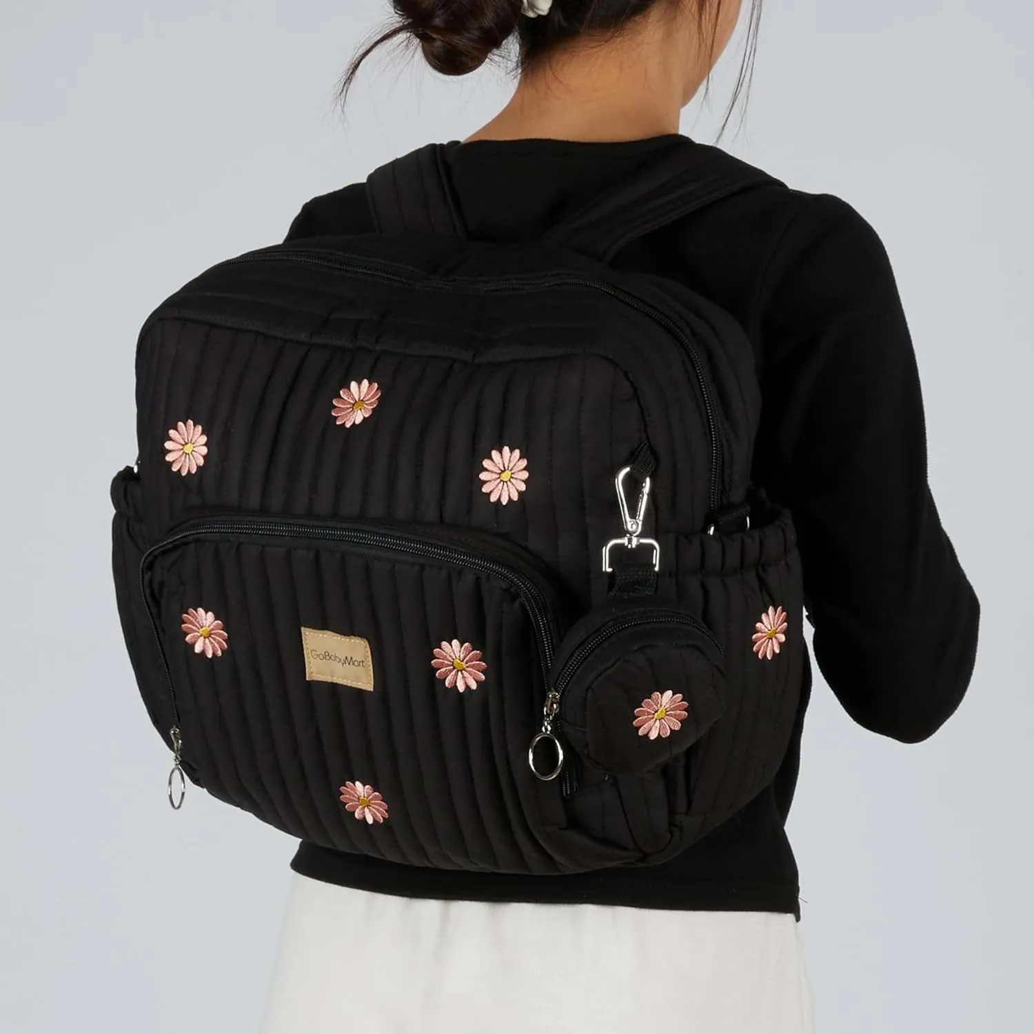 Diaper Bag Backpack, Mini Maternity baby bag with Changing Pad, Insulated Pockets, Stroller Straps & Pacifier Case (Black - Flowers)