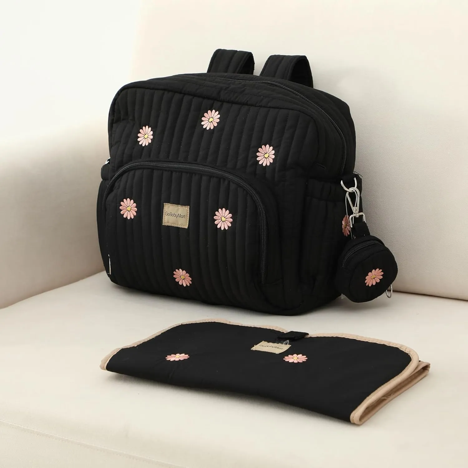 Diaper Bag Backpack, Mini Maternity baby bag with Changing Pad, Insulated Pockets, Stroller Straps & Pacifier Case (Black - Flowers)