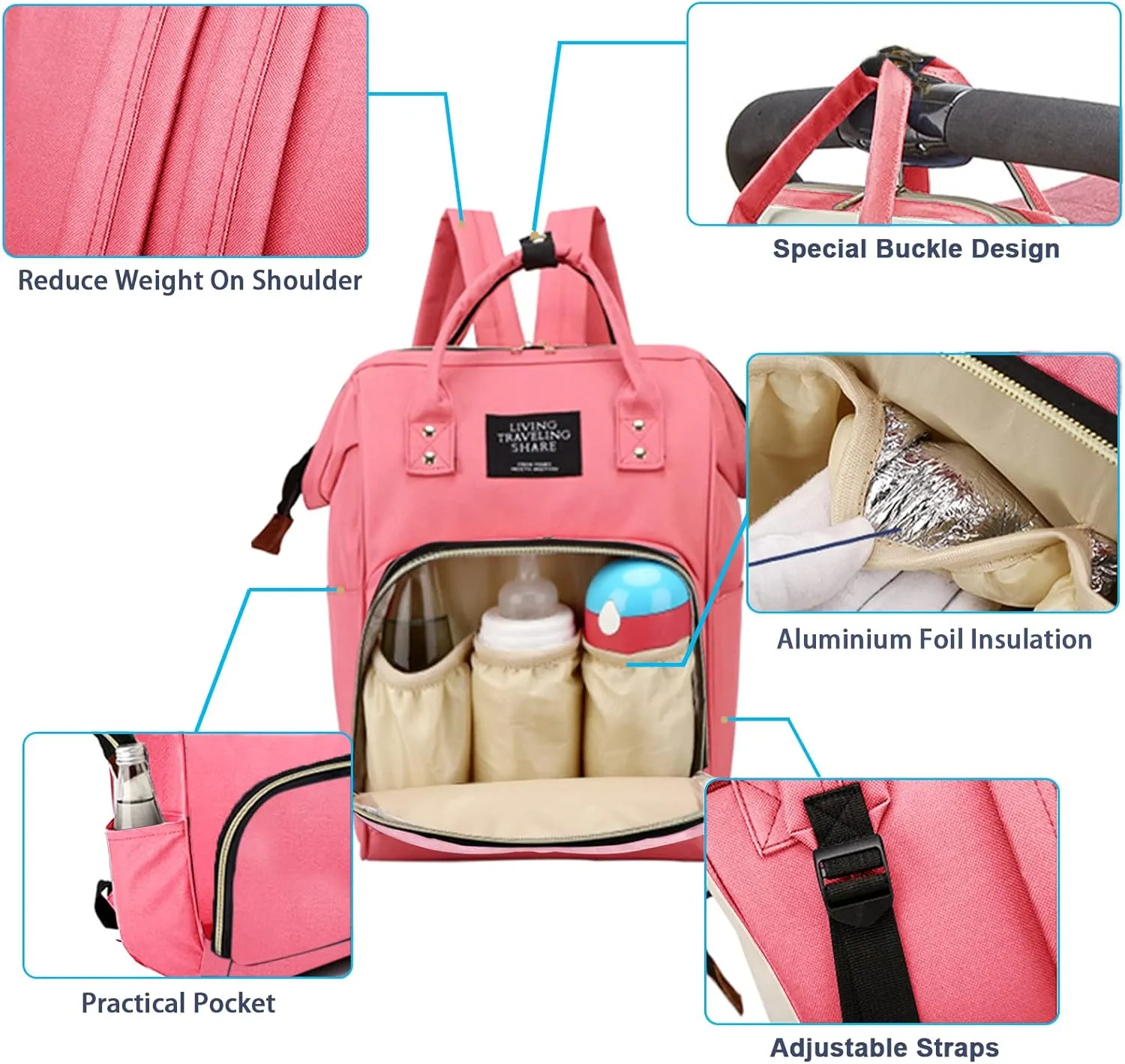 Diaper Bag with Organizing Pouches, Nappy Bags Handbag Multifunction Diaper Bag for Baby Care Travel Backpack Large Capacity Rose