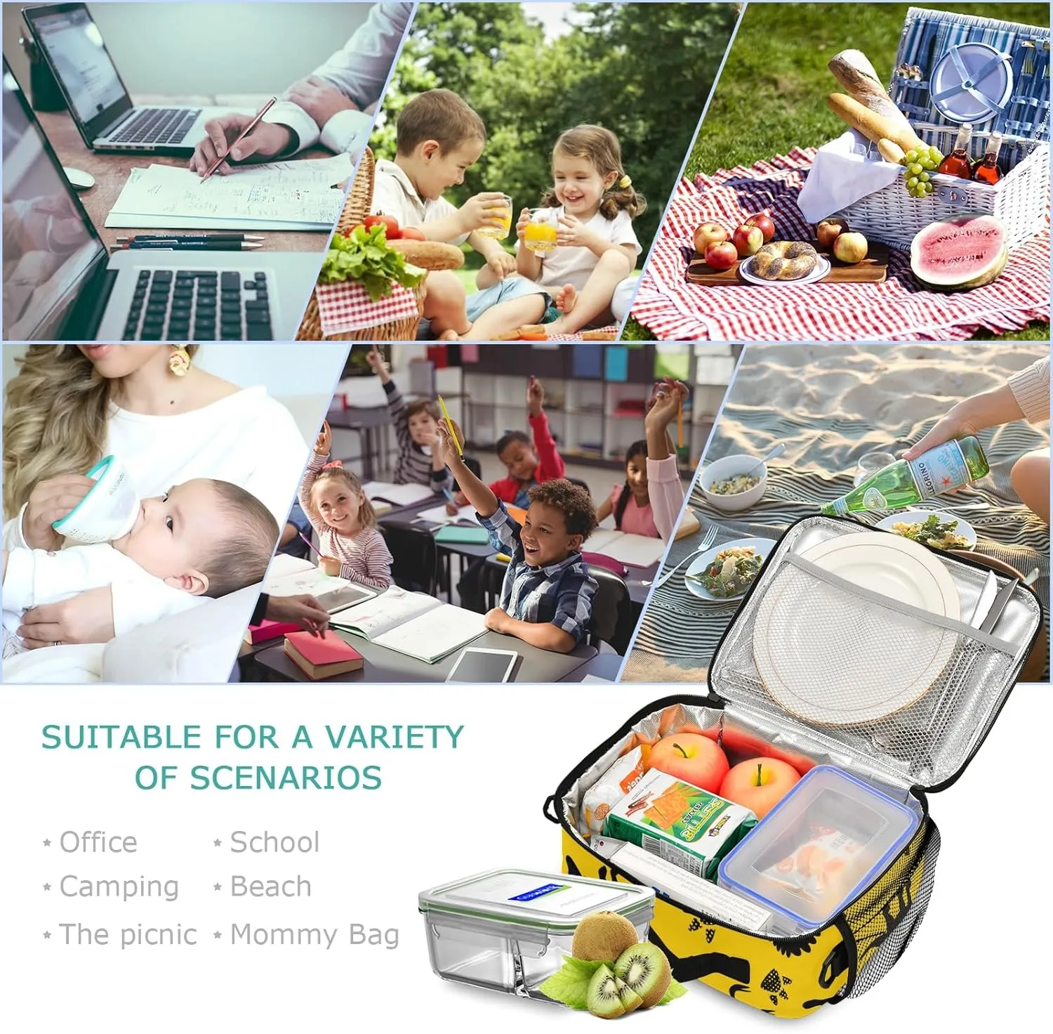Dinosaur Animal Print Yellow Lunch Box Boys, Lunch Bag for Kids School Insulated Tote Bag Cooler Tote with Adjustable Shoulder Strap for Girls