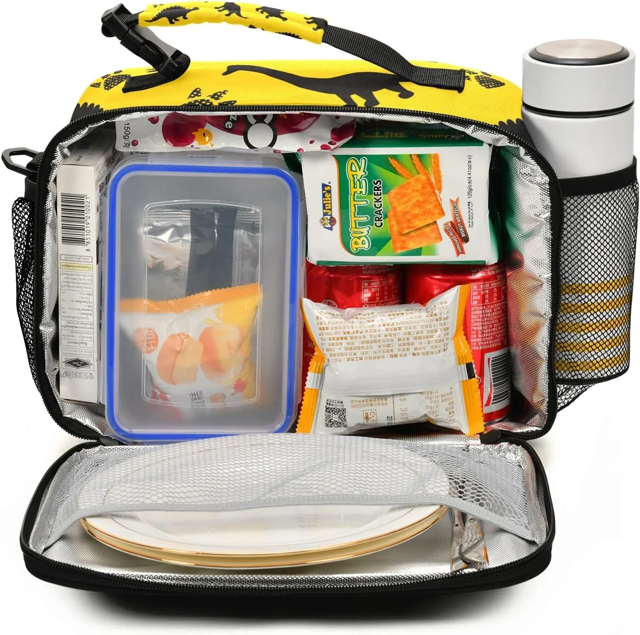 Dinosaur Animal Print Yellow Lunch Box Boys, Lunch Bag for Kids School Insulated Tote Bag Cooler Tote with Adjustable Shoulder Strap for Girls
