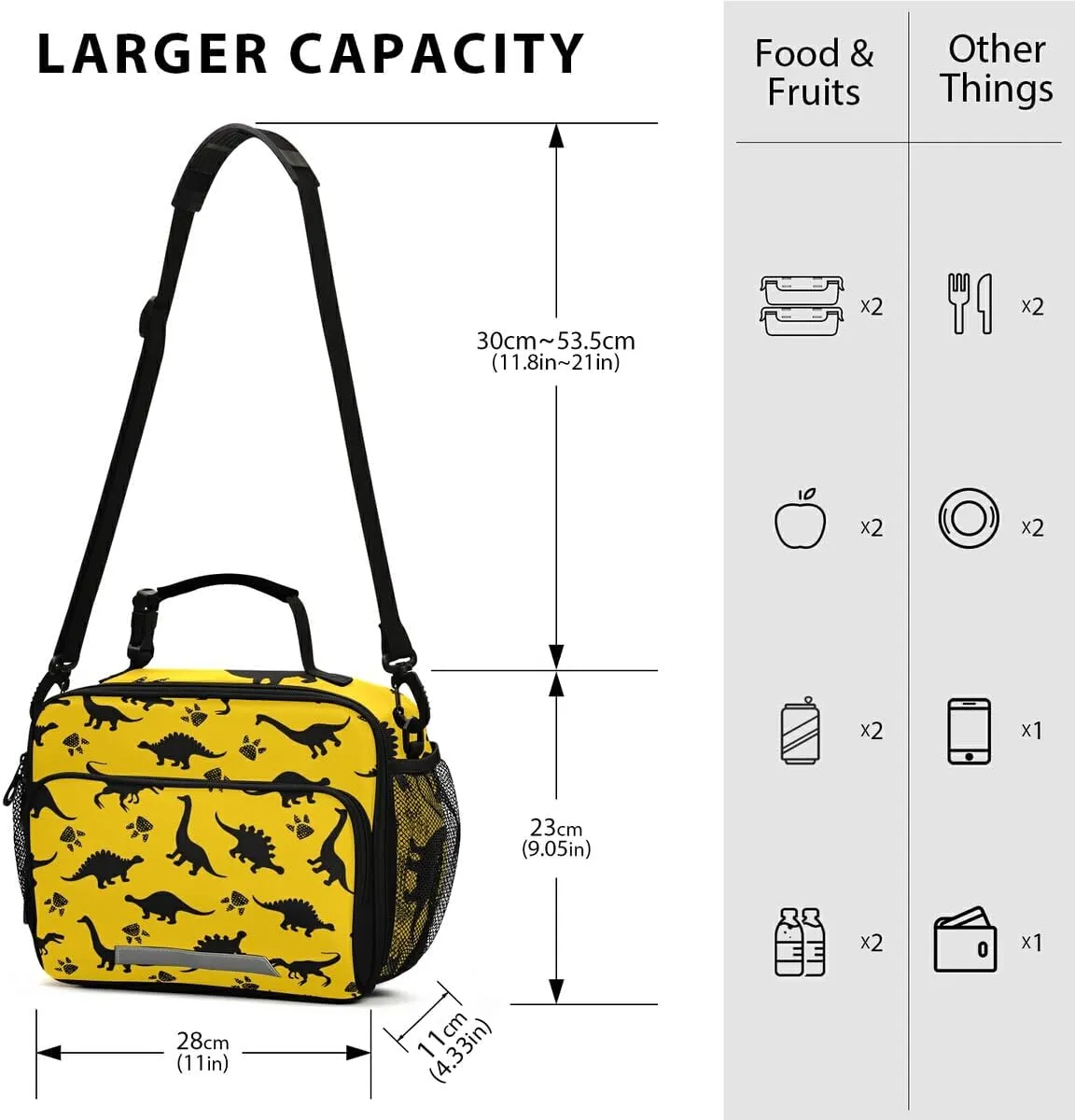 Dinosaur Animal Print Yellow Lunch Box Boys, Lunch Bag for Kids School Insulated Tote Bag Cooler Tote with Adjustable Shoulder Strap for Girls