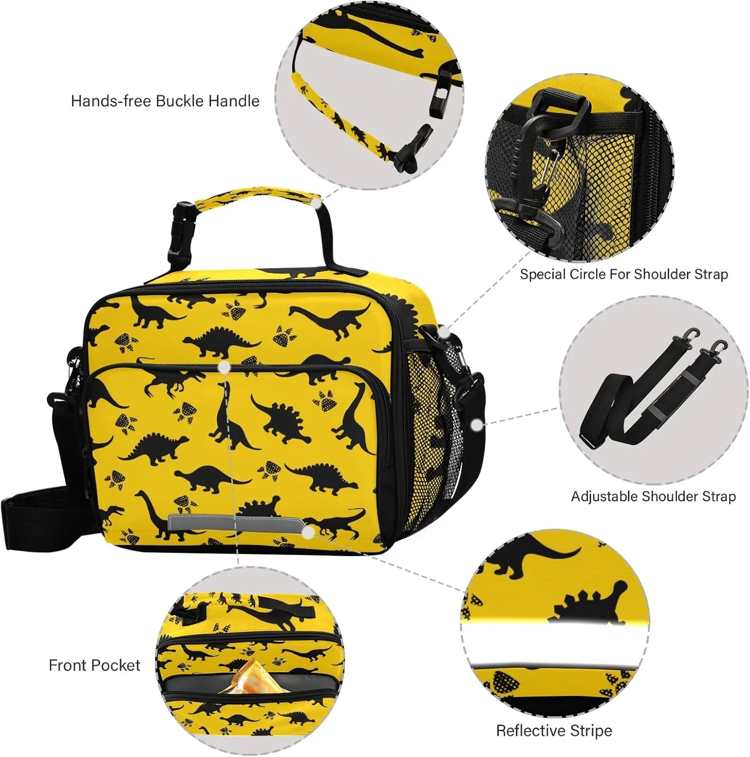 Dinosaur Animal Print Yellow Lunch Box Boys, Lunch Bag for Kids School Insulated Tote Bag Cooler Tote with Adjustable Shoulder Strap for Girls