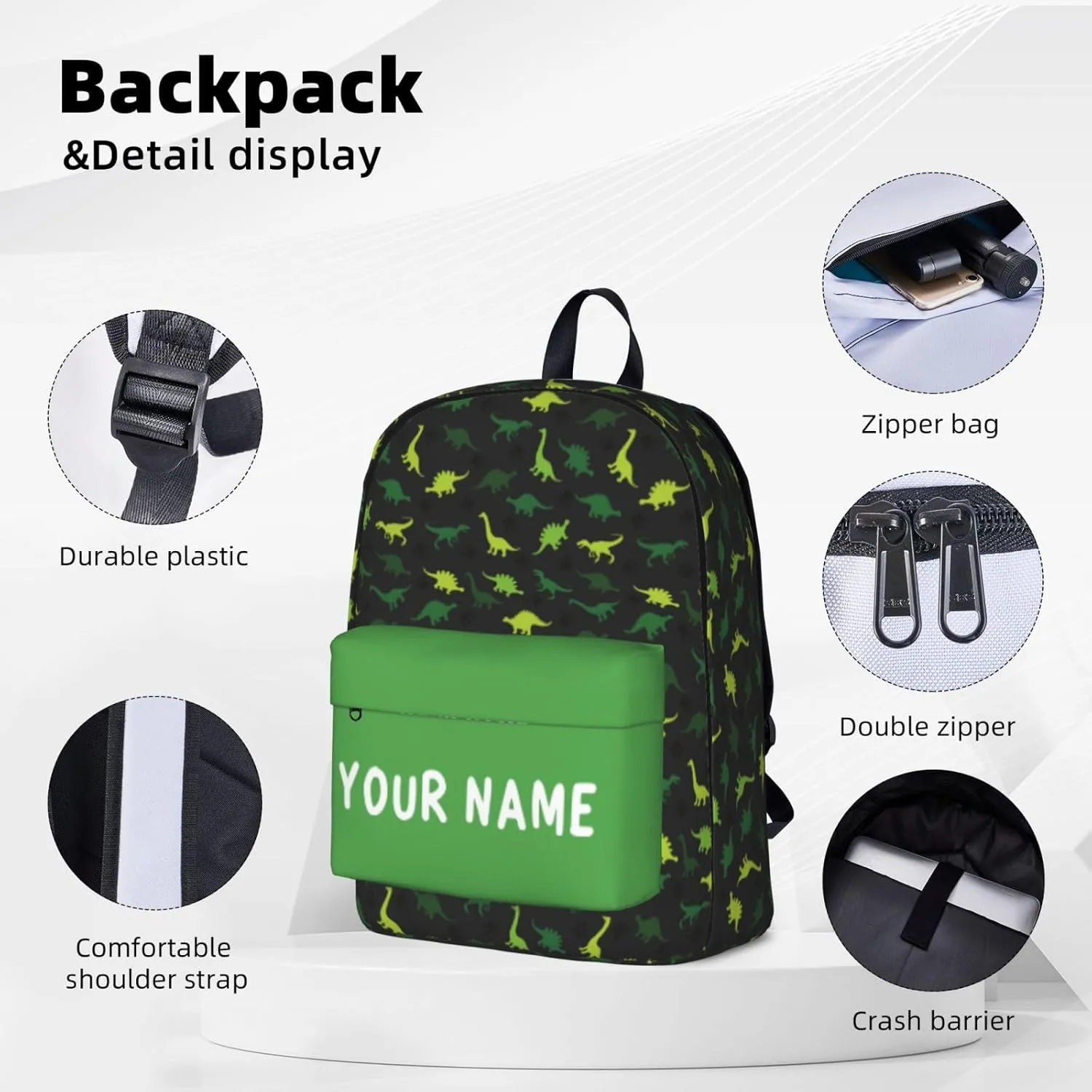 Dinosaur-Green Laptop Backpack for Girls Boys, Customized with Name, 17in