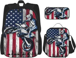 Dirt Bike American Flag Motocross Biker Gift 4th Of July Multifunctional Pocket Backpack Crossbody Lunch Bag Pencil Case 3Pcs Set Large Capacity Backpack