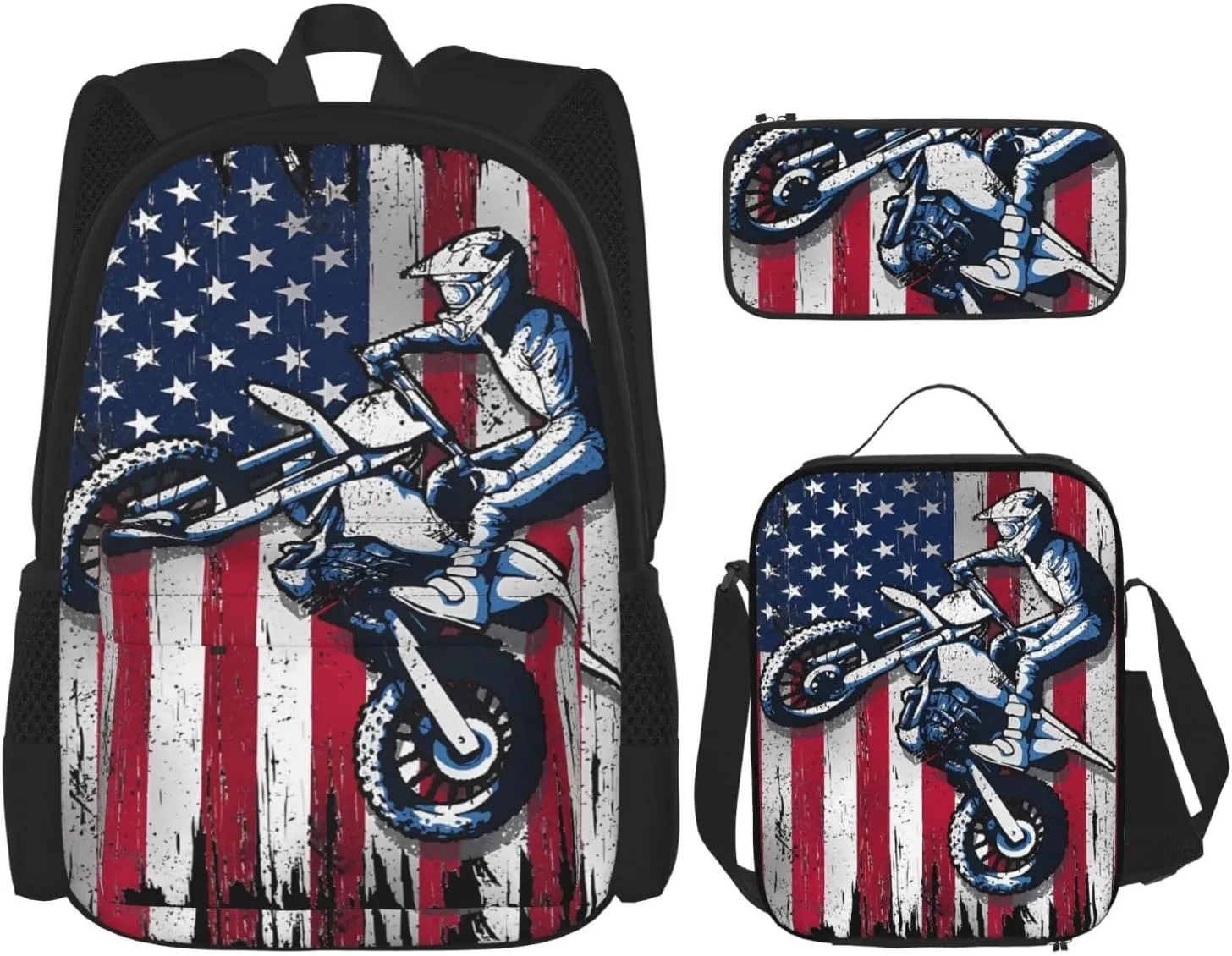 Dirt Bike American Flag Motocross Biker Gift 4th Of July Multifunctional Pocket Backpack Crossbody Lunch Bag Pencil Case 3Pcs Set Large Capacity Backpack