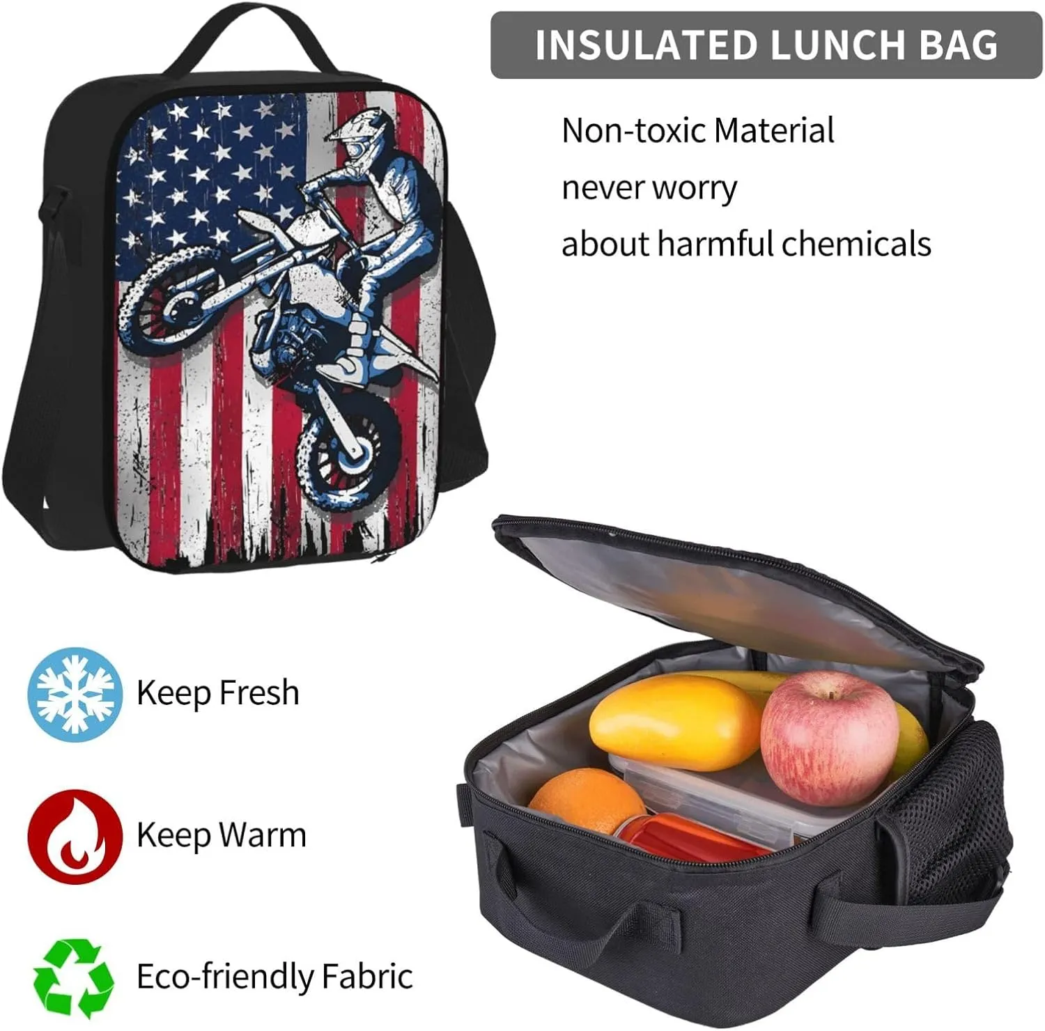 Dirt Bike American Flag Motocross Biker Gift 4th Of July Multifunctional Pocket Backpack Crossbody Lunch Bag Pencil Case 3Pcs Set Large Capacity Backpack
