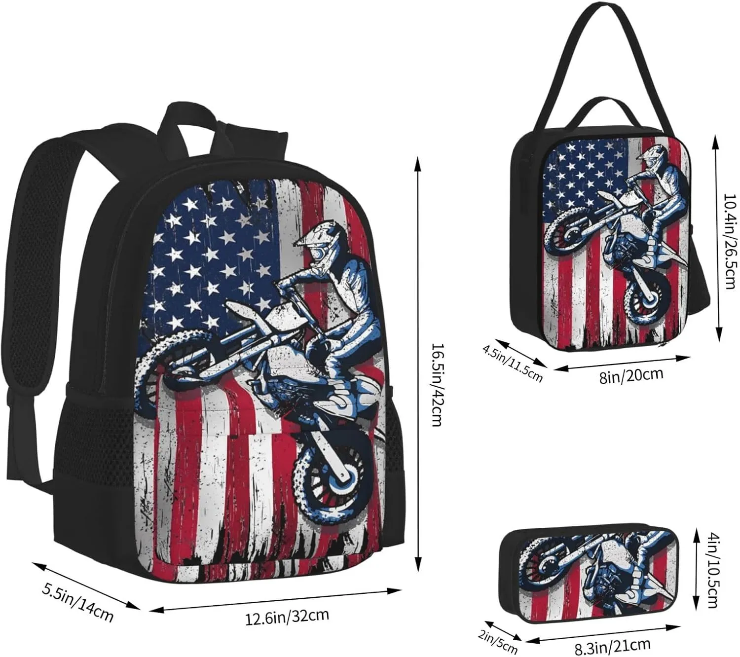 Dirt Bike American Flag Motocross Biker Gift 4th Of July Multifunctional Pocket Backpack Crossbody Lunch Bag Pencil Case 3Pcs Set Large Capacity Backpack