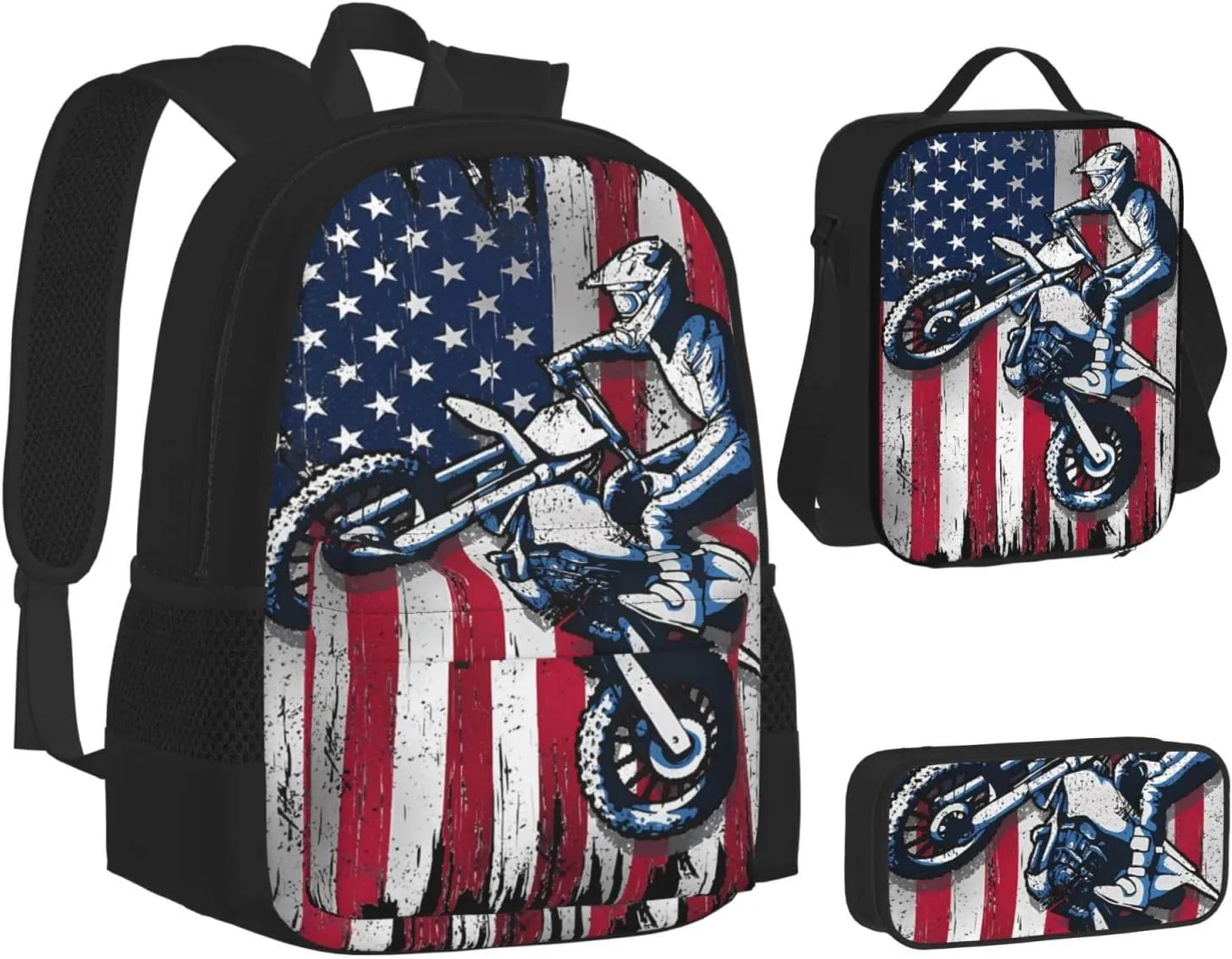 Dirt Bike American Flag Motocross Biker Gift 4th Of July Multifunctional Pocket Backpack Crossbody Lunch Bag Pencil Case 3Pcs Set Large Capacity Backpack