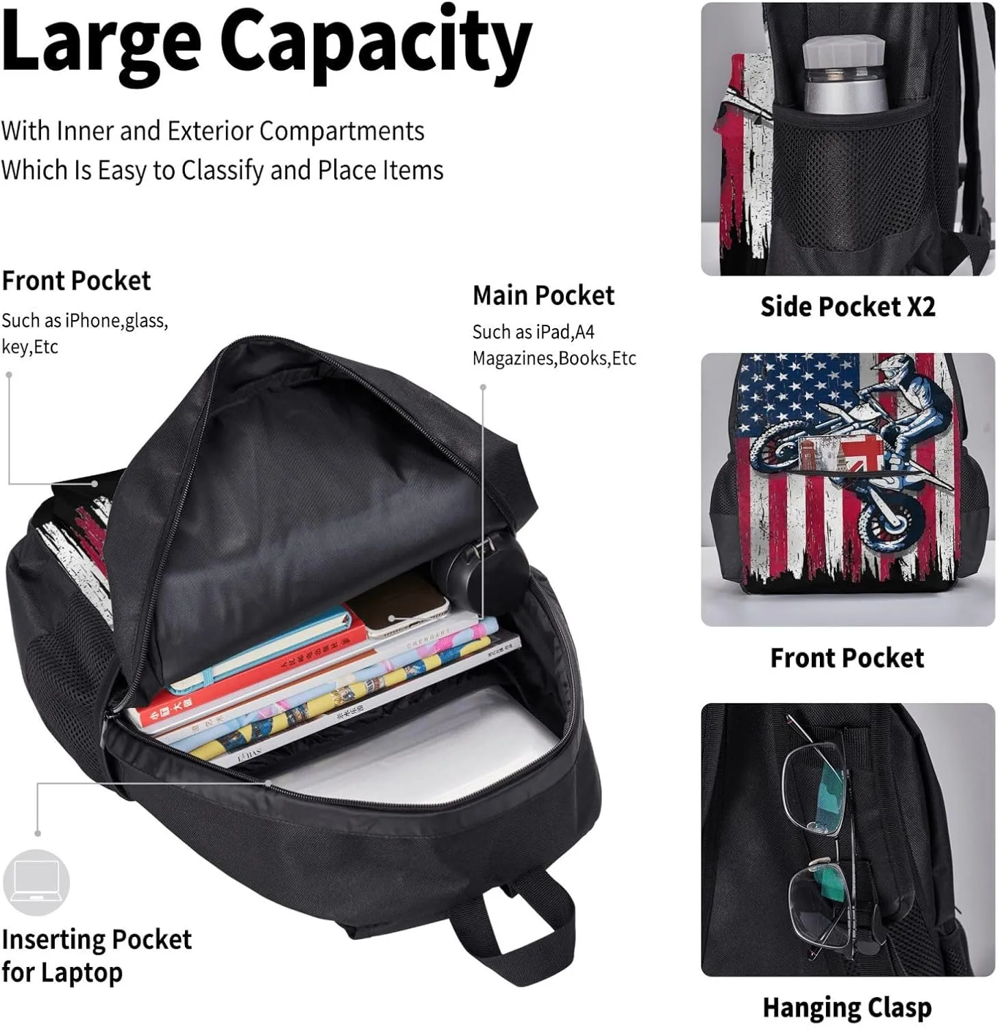 Dirt Bike American Flag Motocross Biker Gift 4th Of July Multifunctional Pocket Backpack Crossbody Lunch Bag Pencil Case 3Pcs Set Large Capacity Backpack