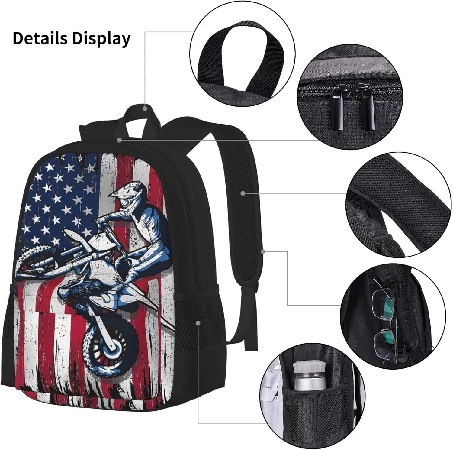 Dirt Bike American Flag Motocross Biker Gift 4th Of July Multifunctional Pocket Backpack Crossbody Lunch Bag Pencil Case 3Pcs Set Large Capacity Backpack