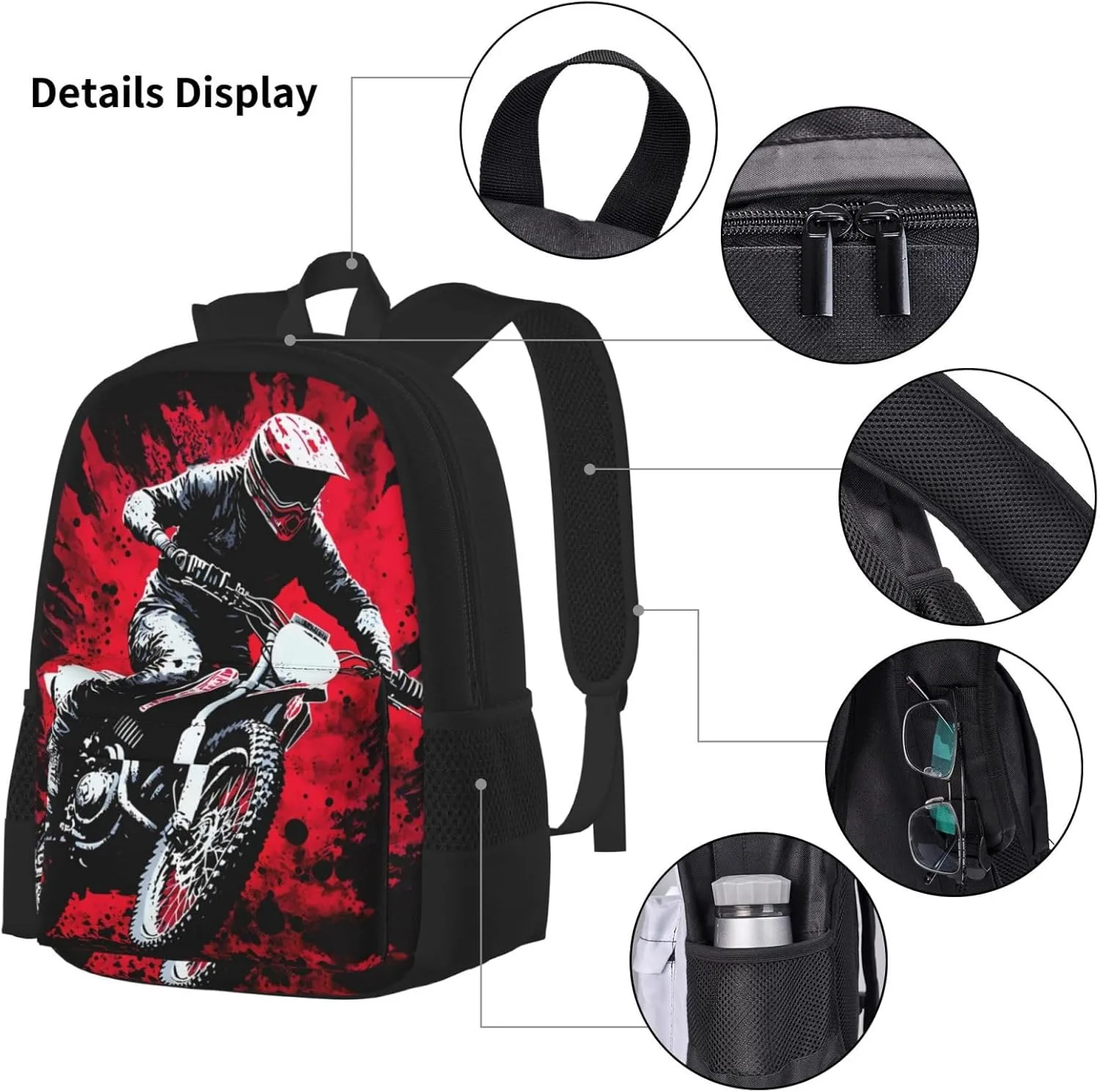 Dirt Bike With Red And Black Paint Splash Multifunctional Pocket Backpack Crossbody Lunch Bag Pencil Case 3Pcs Set Large Capacity Backpack
