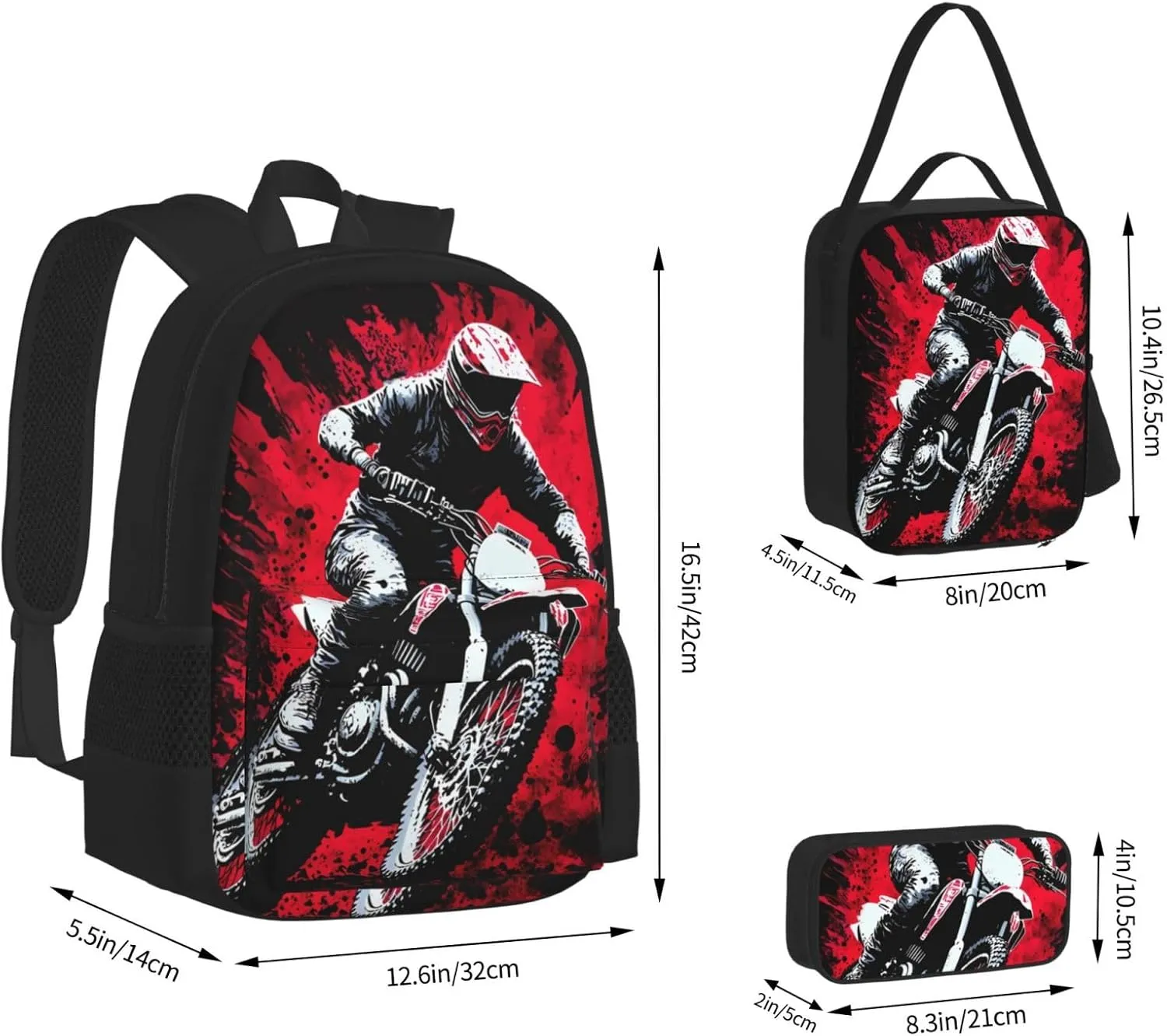 Dirt Bike With Red And Black Paint Splash Multifunctional Pocket Backpack Crossbody Lunch Bag Pencil Case 3Pcs Set Large Capacity Backpack