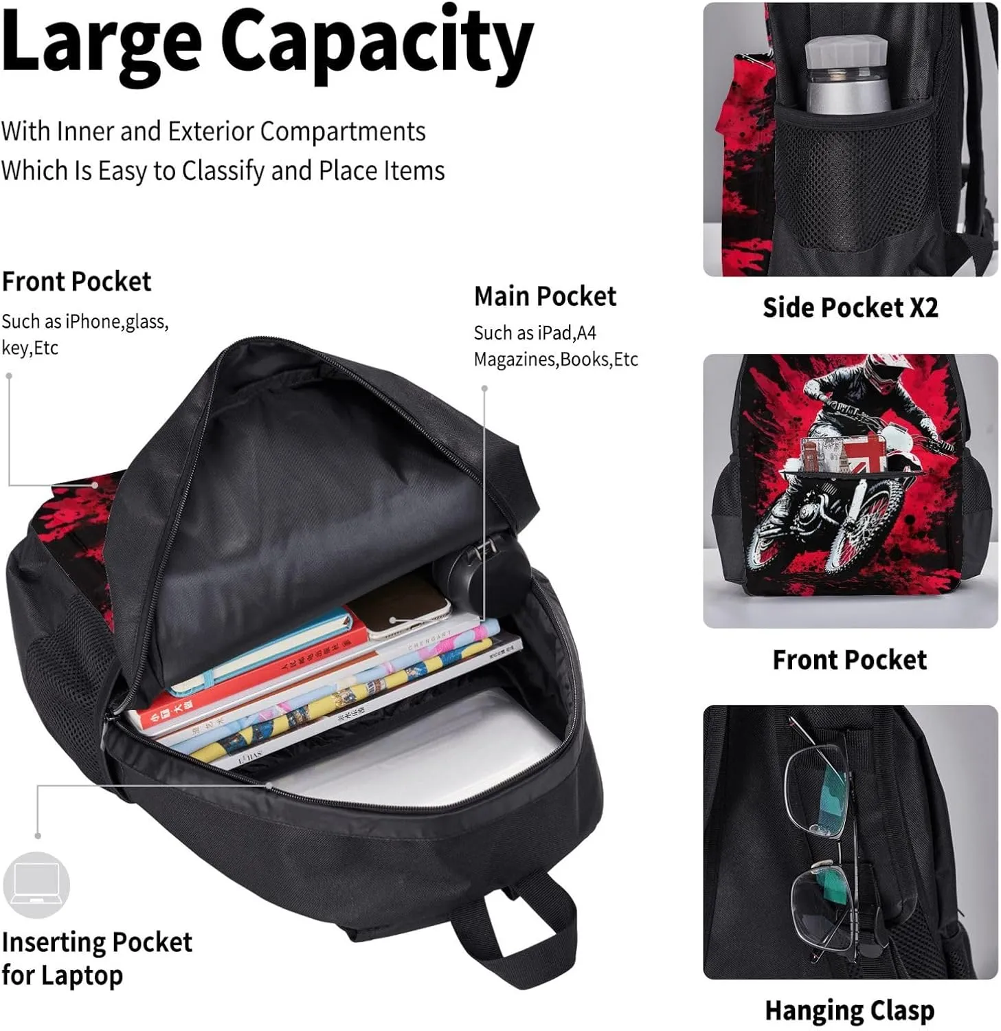 Dirt Bike With Red And Black Paint Splash Multifunctional Pocket Backpack Crossbody Lunch Bag Pencil Case 3Pcs Set Large Capacity Backpack