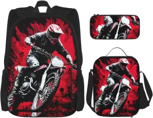 Dirt Bike With Red And Black Paint Splash Multifunctional Pocket Backpack Crossbody Lunch Bag Pencil Case 3Pcs Set Large Capacity Backpack