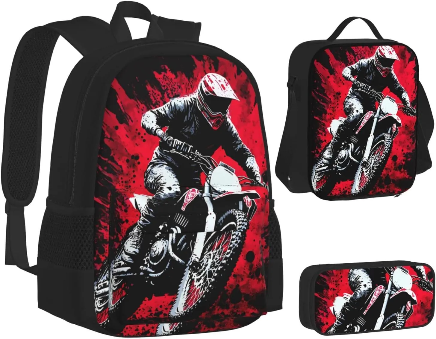 Dirt Bike With Red And Black Paint Splash Multifunctional Pocket Backpack Crossbody Lunch Bag Pencil Case 3Pcs Set Large Capacity Backpack