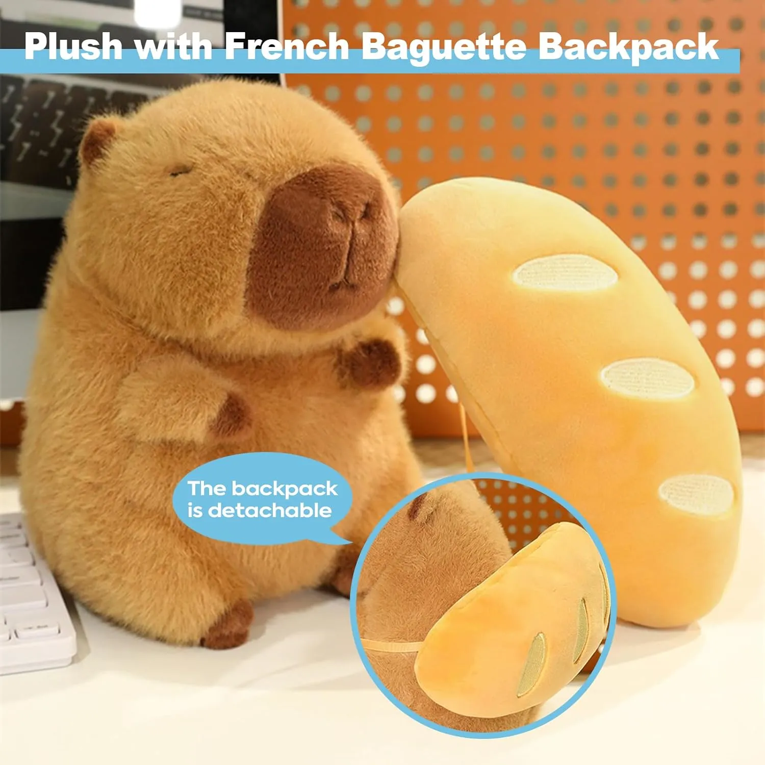 Ditucu Capybara Plush with French Baguette Backpack 9 inch Cute Bread Capibara Stuffed Animal Soft Food Plushies Toys Gifts for Kids Adults Brown