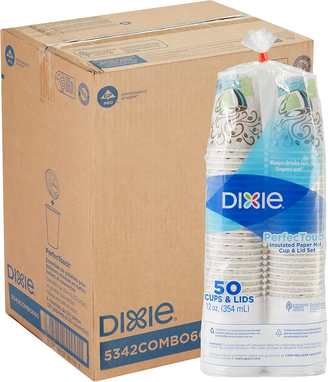 Dixie PerfecTouch 12 oz. Insulated Paper Hot Coffee Cup and Lid Set by GP PRO (Georgia-Pacific) Coffee Haze and White, 5342COMBO600, 300 Cups and 300 Lids (50 Cups and Lids Per Pack, 6 Packs Per Case)