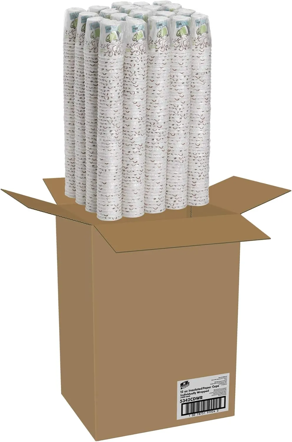 Dixie PerfecTouch 12 oz Paper Coffee Cups By GP PRO, Coffee Haze Design, 1000 Count (Individually Wrapped Disposable Cups), 5342CDWR