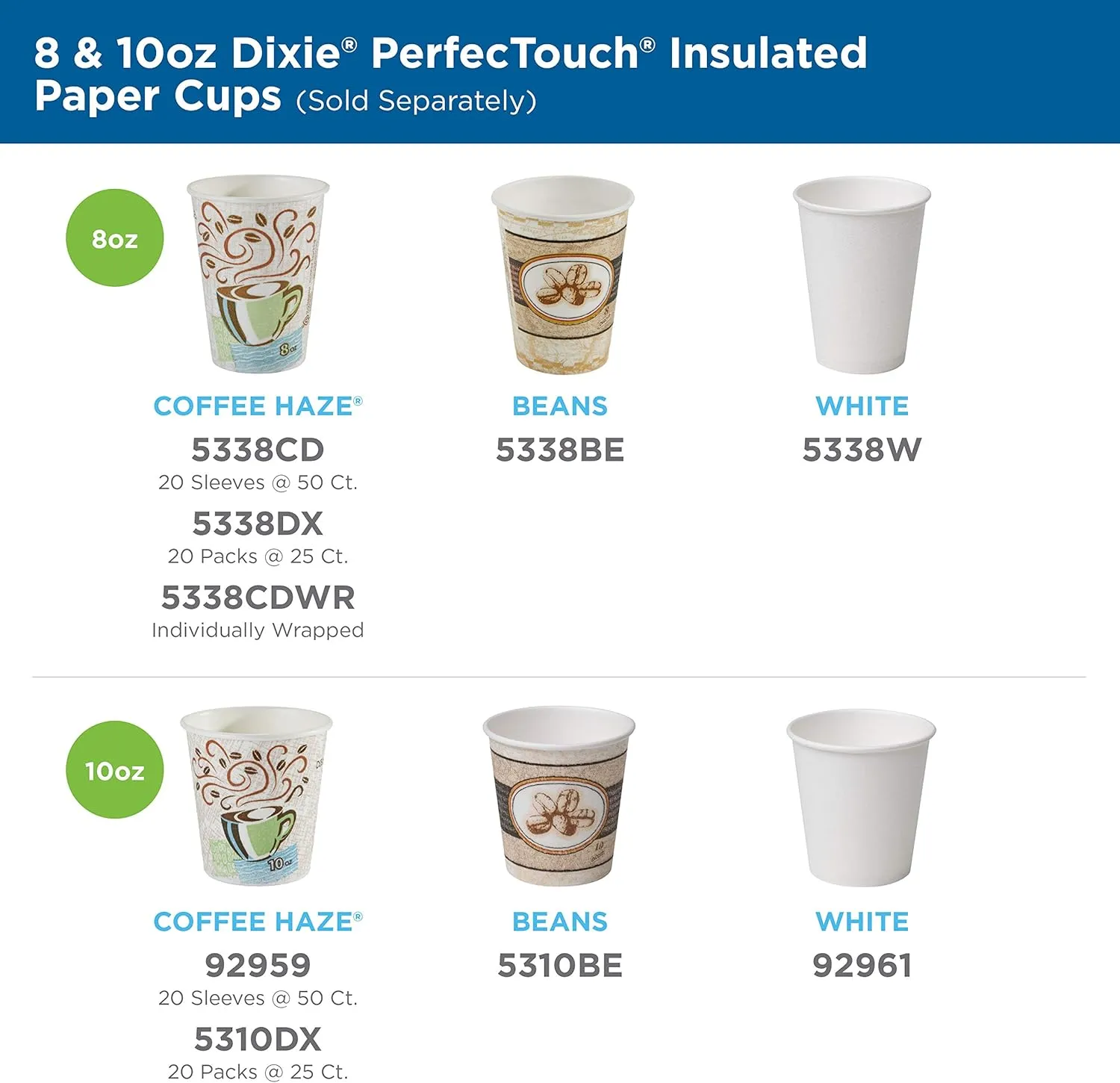 Dixie PerfecTouch 8 oz Paper Coffee Cups By GP PRO, Coffee Haze Design, 1000 Count (Individually Wrapped Disposable Cups), 5338CDWR