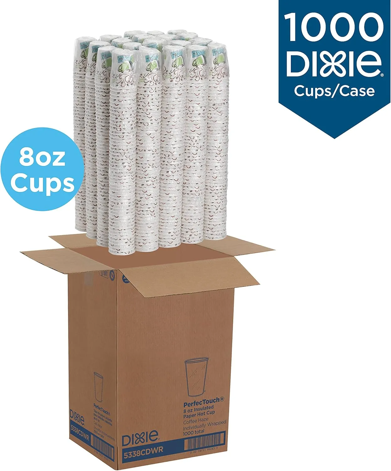 Dixie PerfecTouch 8 oz Paper Coffee Cups By GP PRO, Coffee Haze Design, 1000 Count (Individually Wrapped Disposable Cups), 5338CDWR