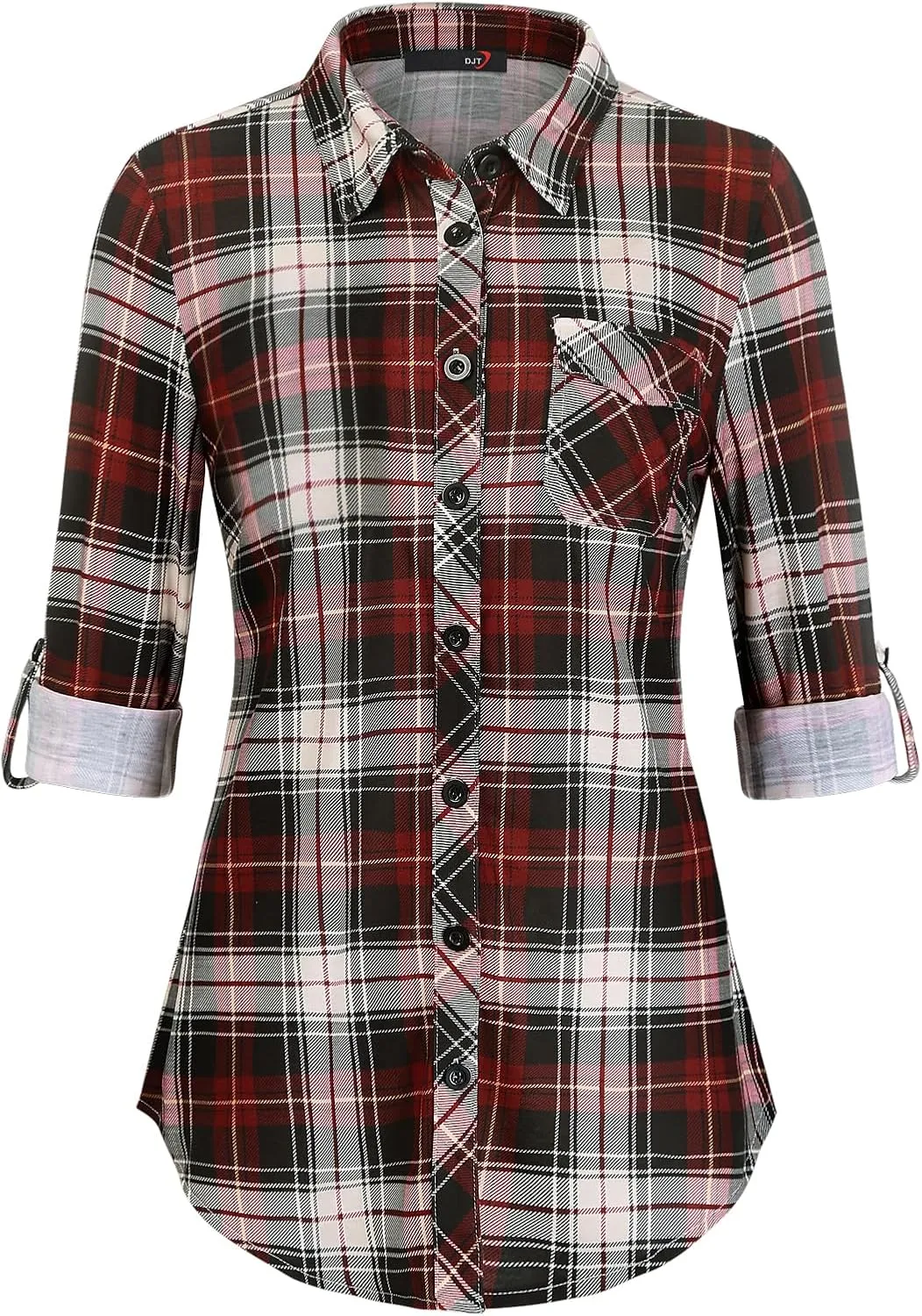 DJT Womens Soft Knitted Shirts Stretchy Roll Up Long Sleeve Dressy Casual Button Down Shirt Work Blouse Tops