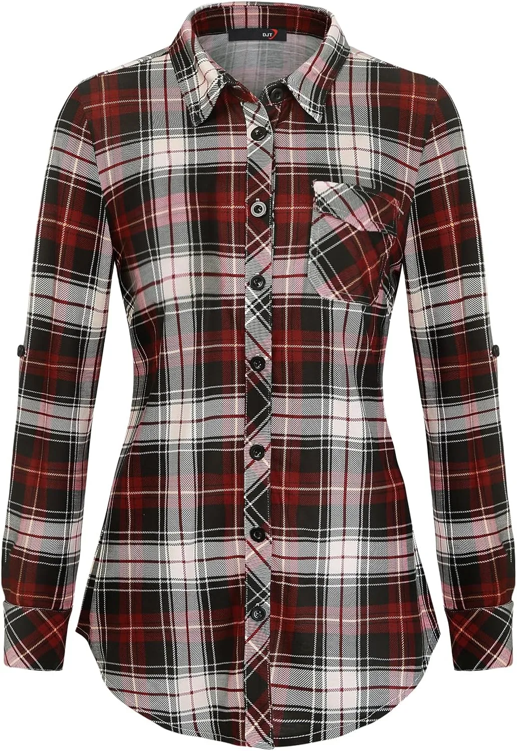DJT Womens Soft Knitted Shirts Stretchy Roll Up Long Sleeve Dressy Casual Button Down Shirt Work Blouse Tops