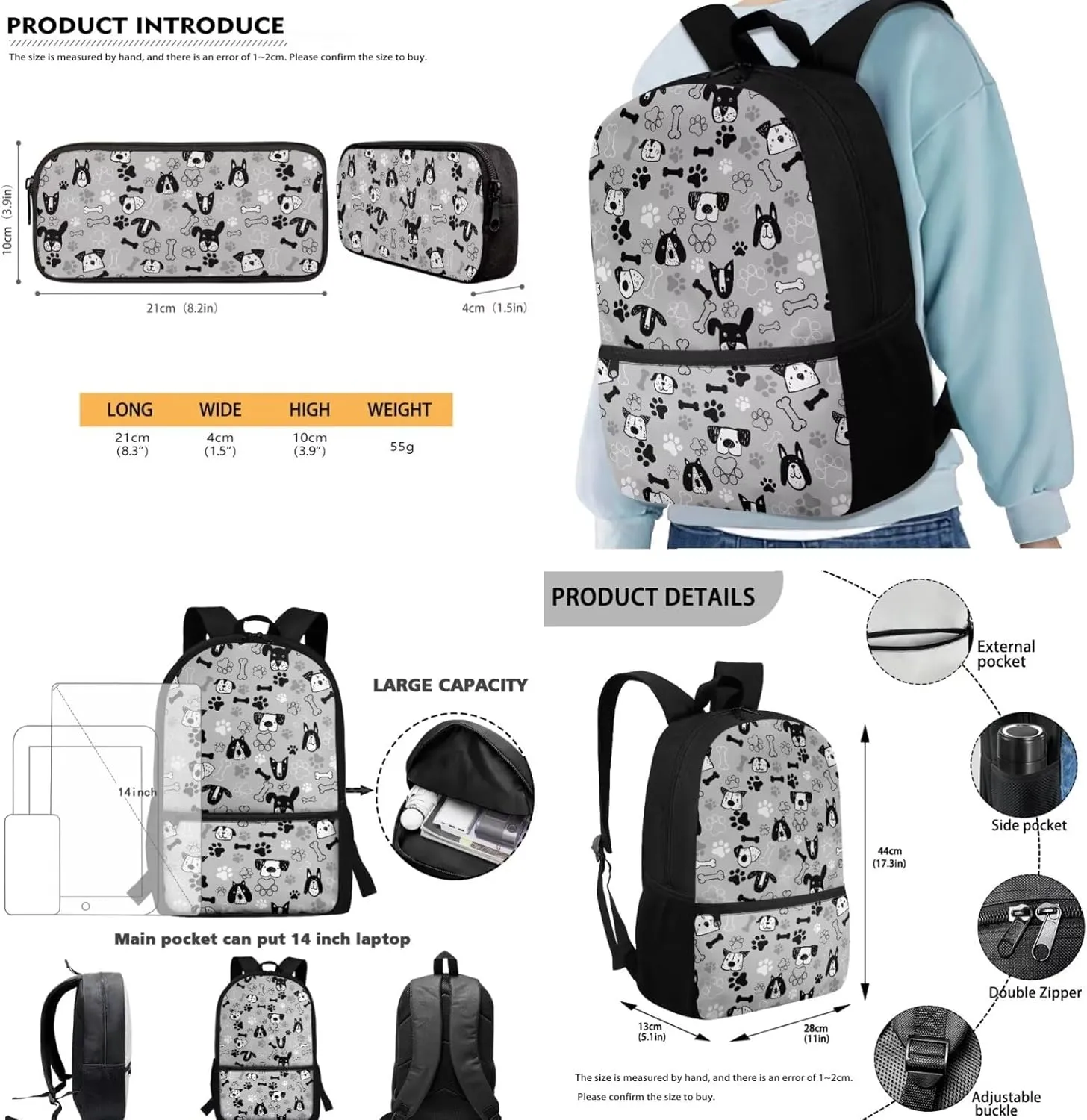 Dog Backpack for Girls Boys 8-12, 3PCS Kids Bookbag Set 17 Inch School Backpack with Lunch Box Pencil Bag for Elementary Middle School Students, Grey