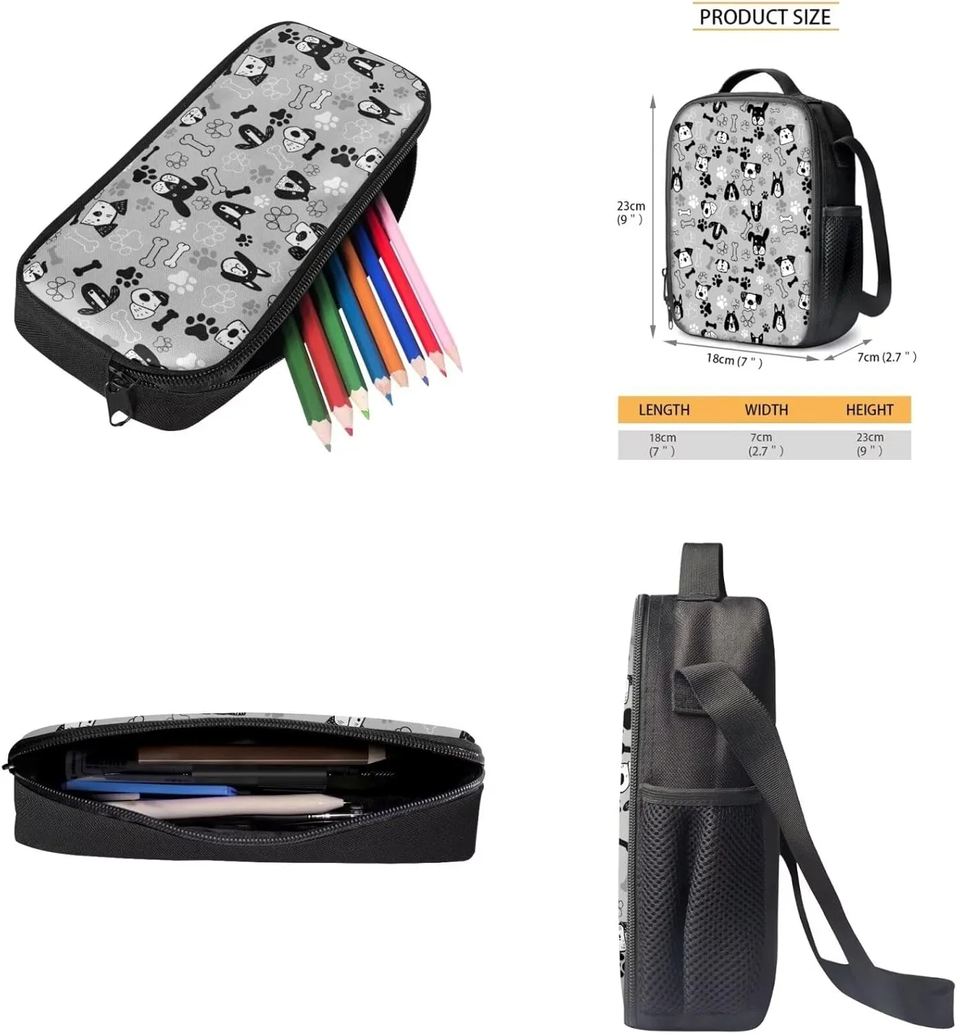 Dog Backpack for Girls Boys 8-12, 3PCS Kids Bookbag Set 17 Inch School Backpack with Lunch Box Pencil Bag for Elementary Middle School Students, Grey