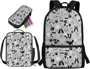 Dog Backpack for Girls Boys 8-12, 3PCS Kids Bookbag Set 17 Inch School Backpack with Lunch Box Pencil Bag for Elementary Middle School Students, Grey