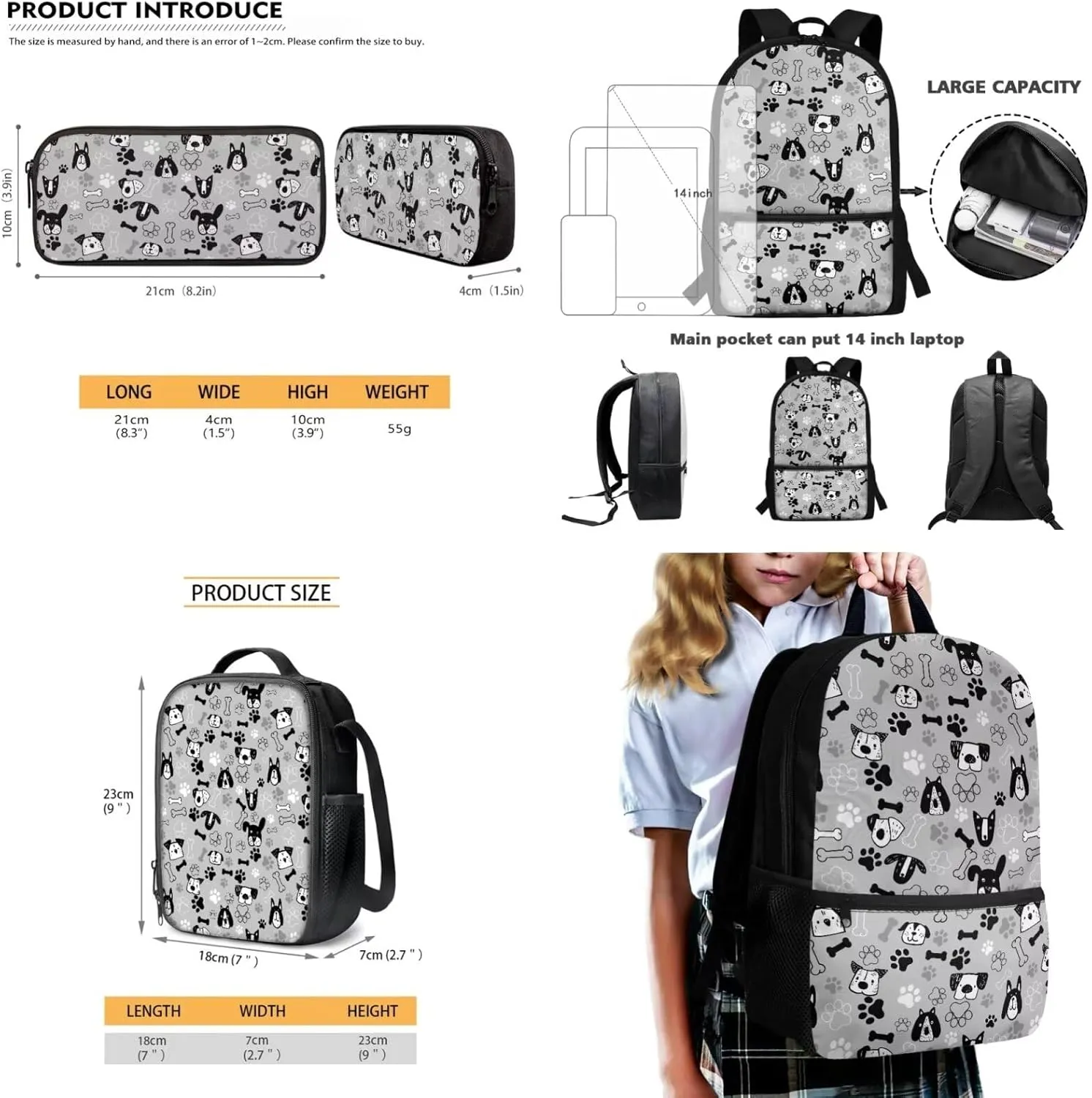 Dog Backpack for Girls Boys 8-12, 3PCS Kids Bookbag Set 17 Inch School Backpack with Lunch Box Pencil Bag for Elementary Middle School Students, Grey